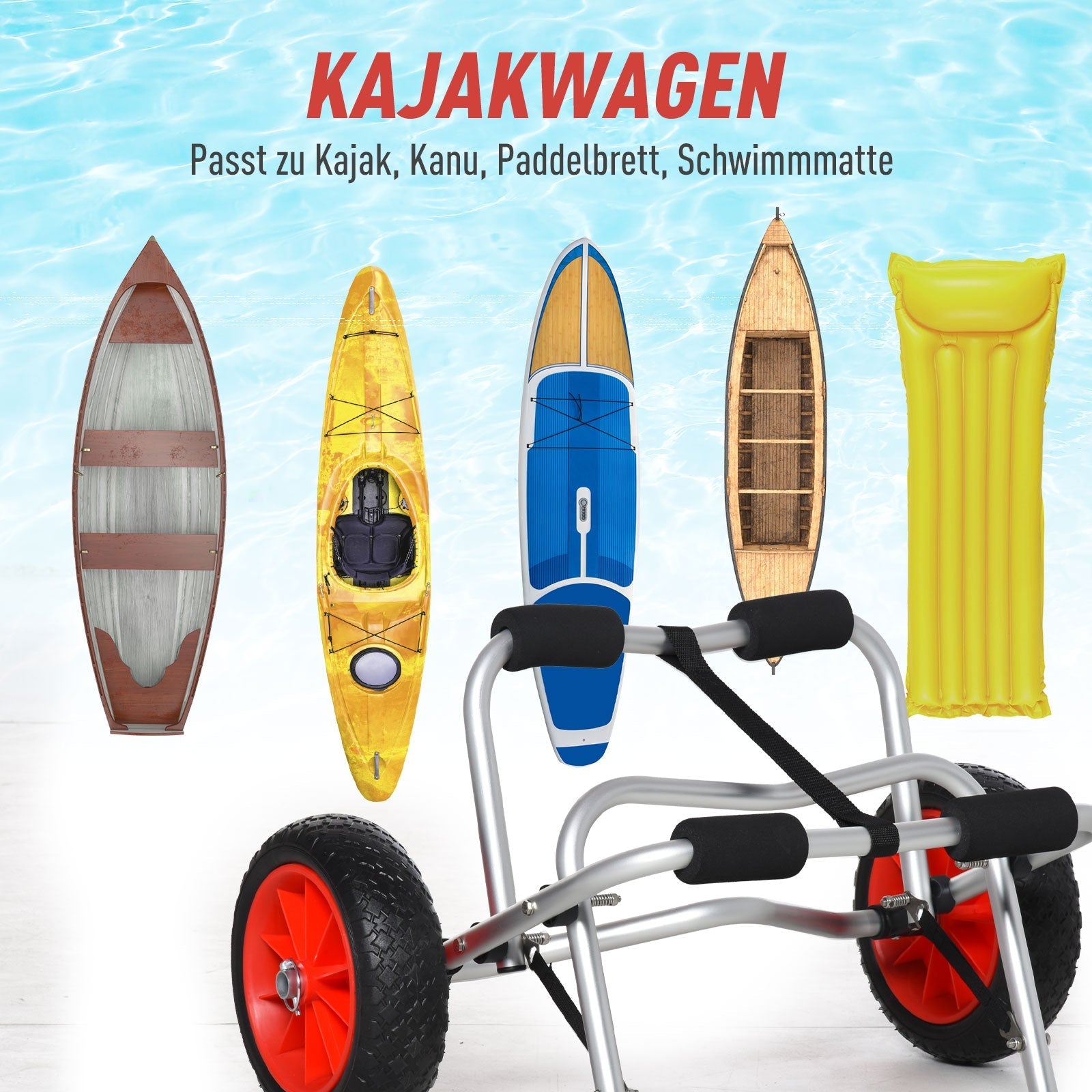 Aluminum Canoe Kayak Surf Trolley, Foldable with PU Wheels, 75 kg Capacity, 68x44.5x40 cm, Aluminum