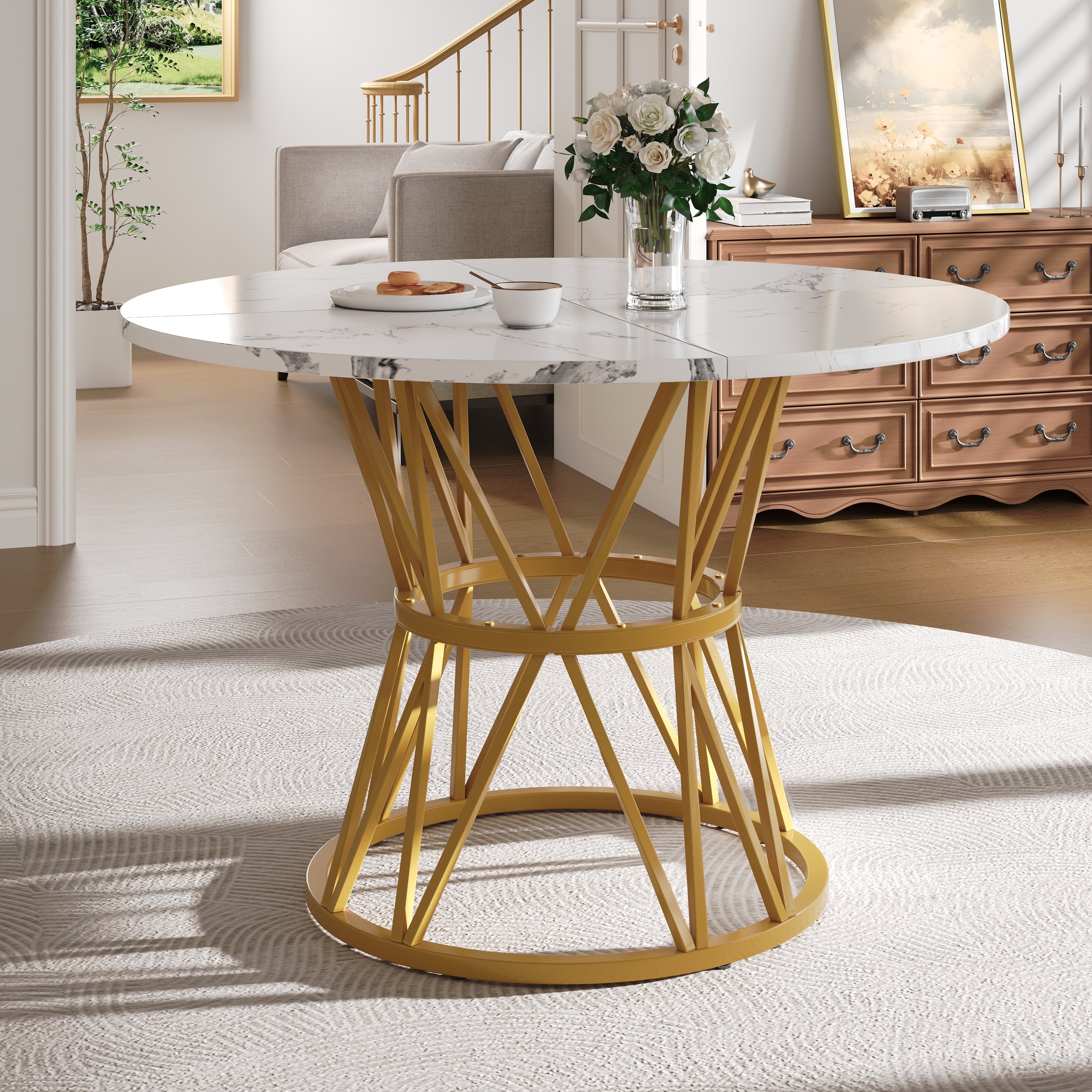 Round Dining Table 100cm 4-Seater MDF Marble Top Gold