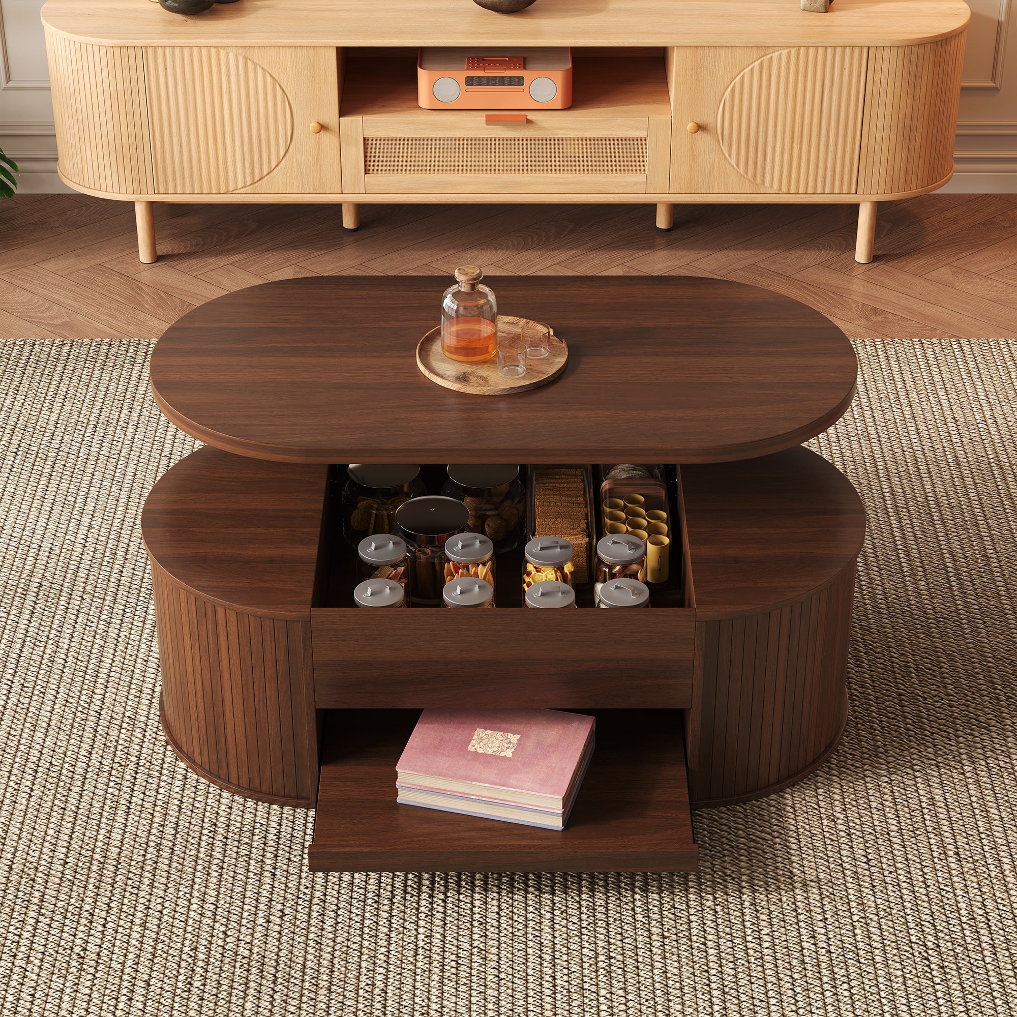 Liftable Coffee Table, Curved Sides Pull-Out Shelf Multifunctional, Wooden
