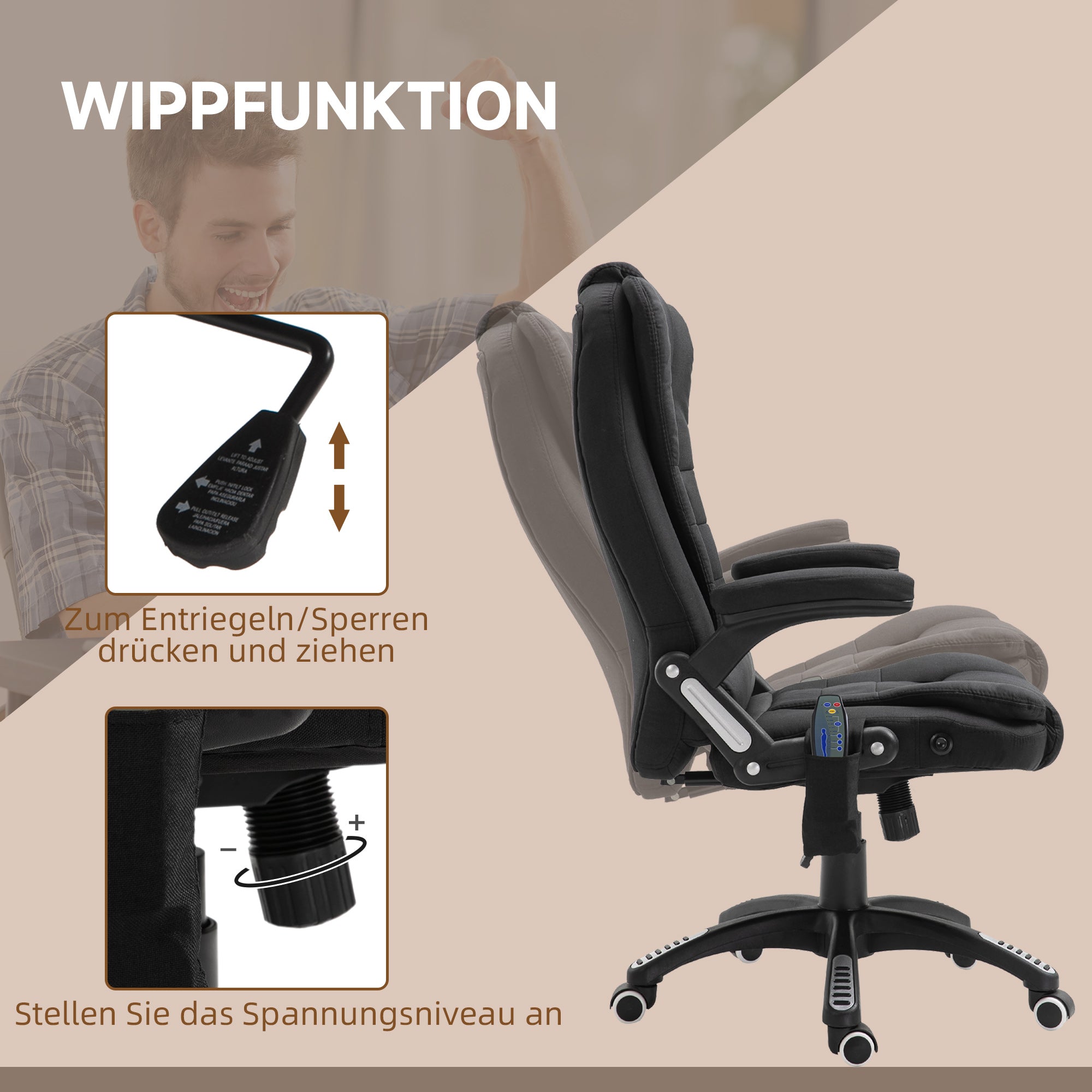 Vinsetto Office Gaming Chair, Massage Function, Height Adjustable, Black
