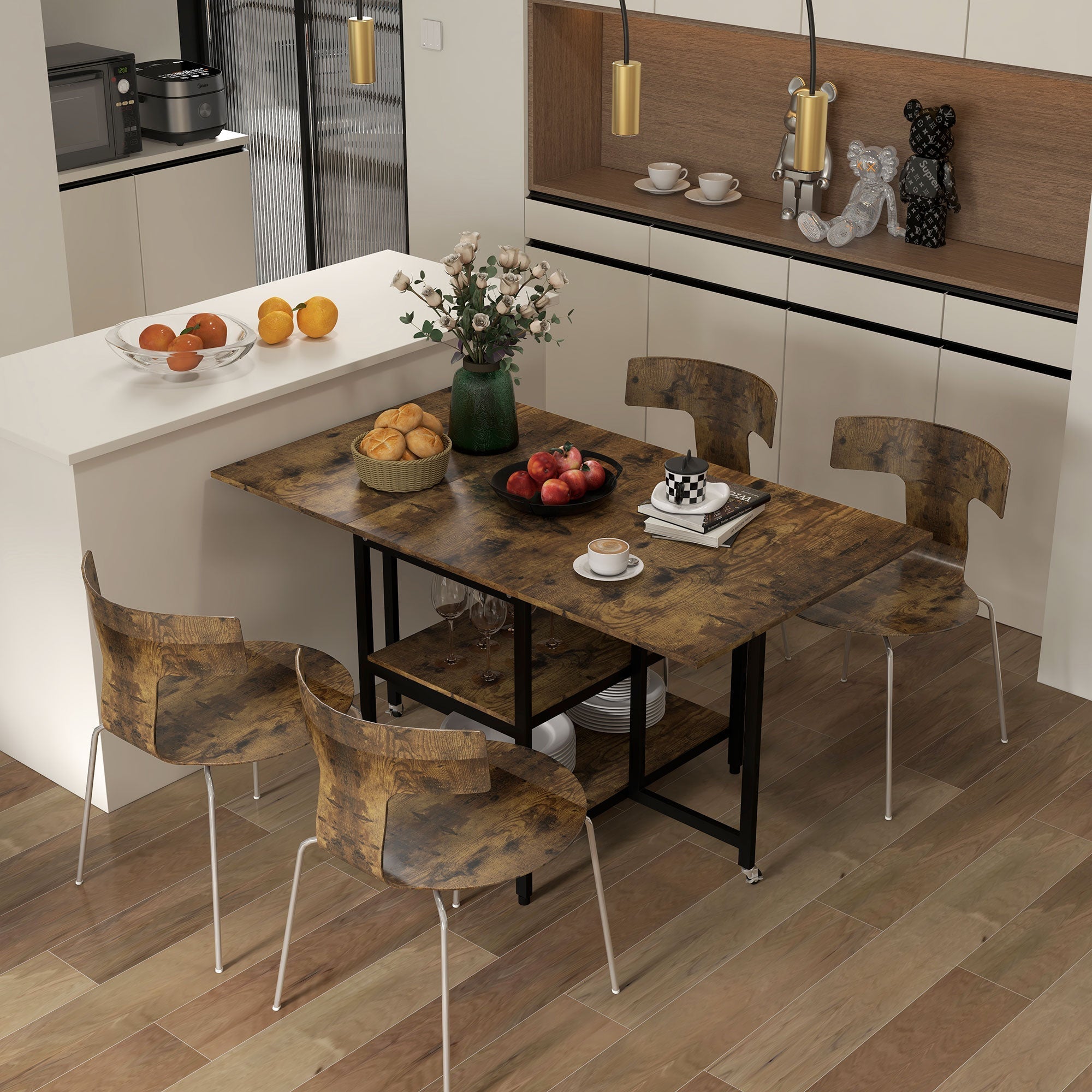 Folding Dining Table, Wheels, 140x80cm, 2-6 People, Rustic Brown Steel