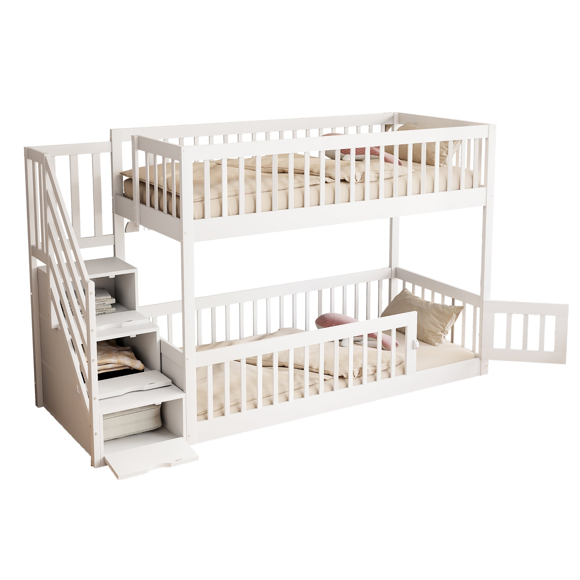 Bunk Bed 90x200 Safety Stairs Drawers Storage, White Wooden
