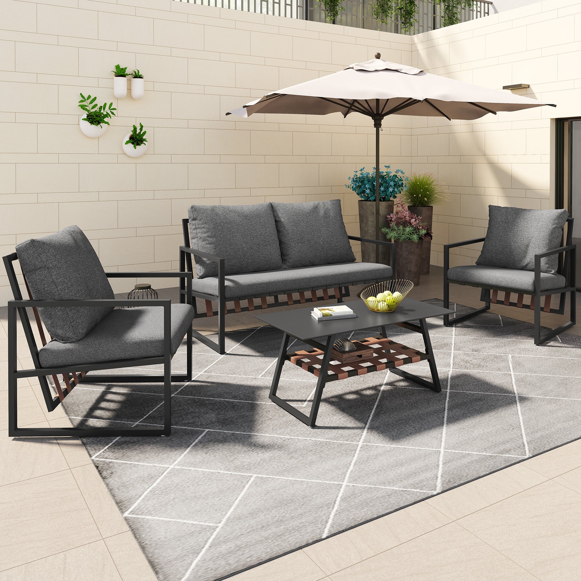 Garden Furniture Seating Set for 4 People with Sofa, Coffee Table and Cushions, Black