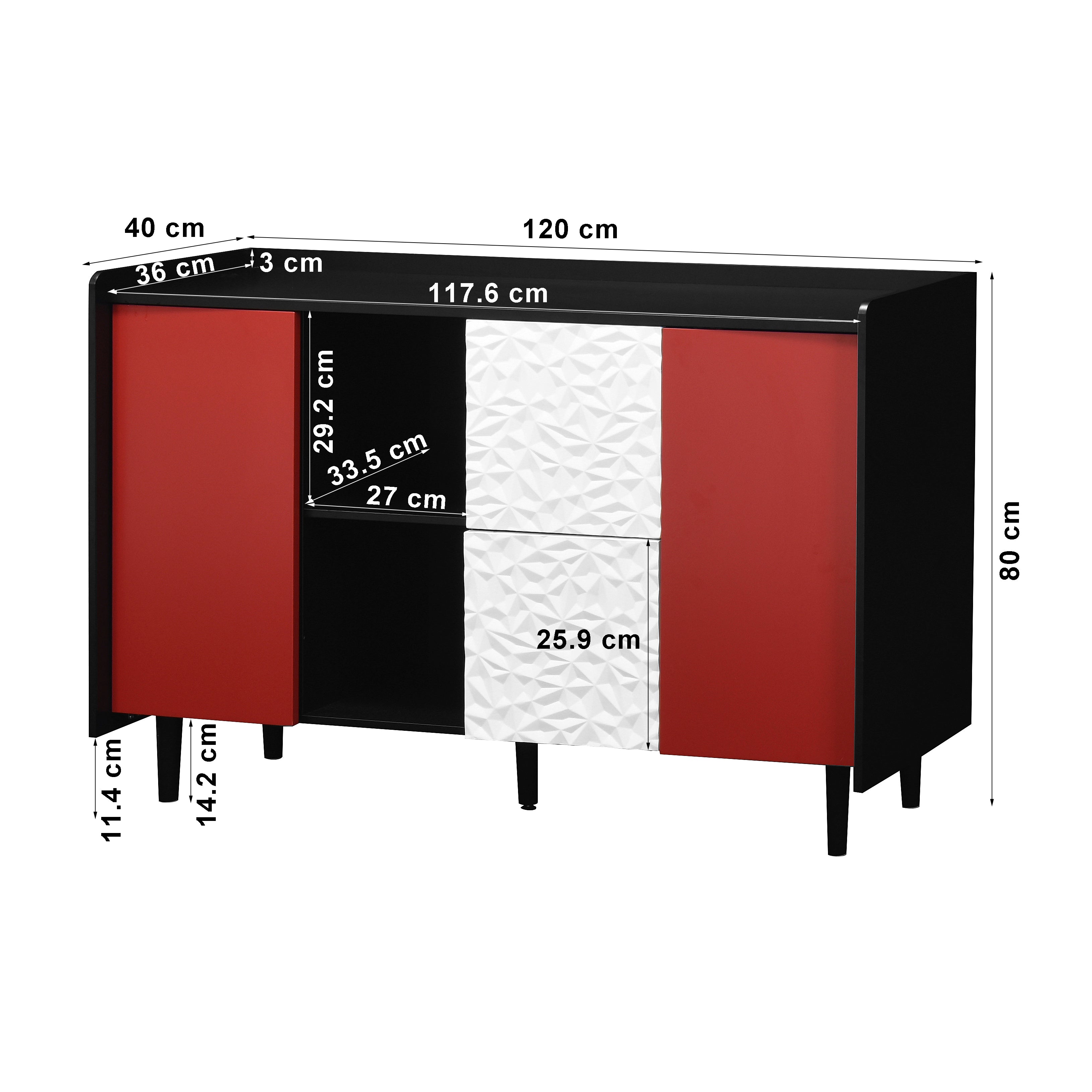 Sideboard Buffet Cabinet with 2 Drawers & Open Storage, Panel Styling - Black/Red