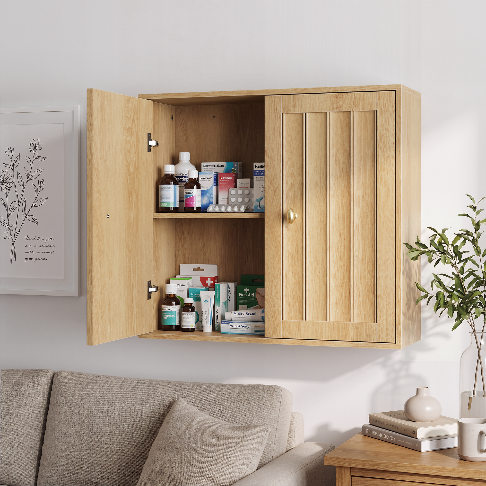 Wall-Mounted Bathroom Cabinet, Two-Door Medicine Cabinet with Vertical Groove Design, Oak