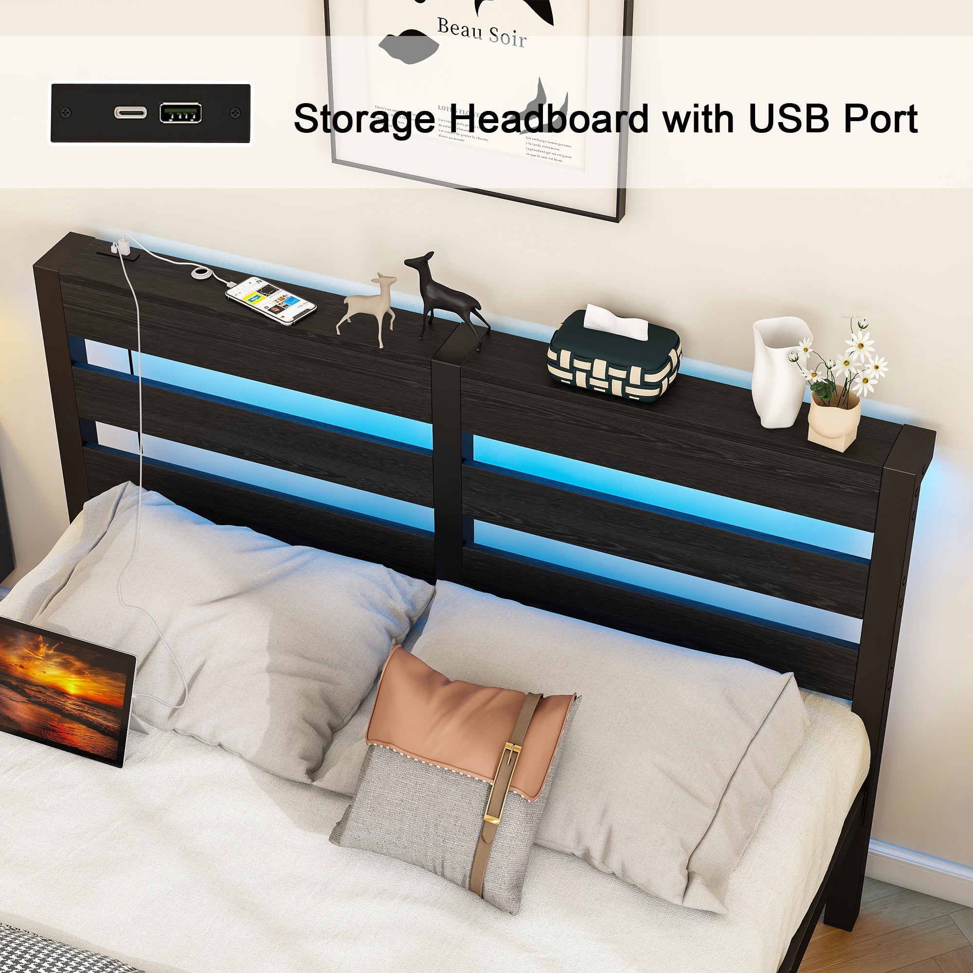 Metal Bed 120x200 LED USB Charging Under-Bed Storage - Metal