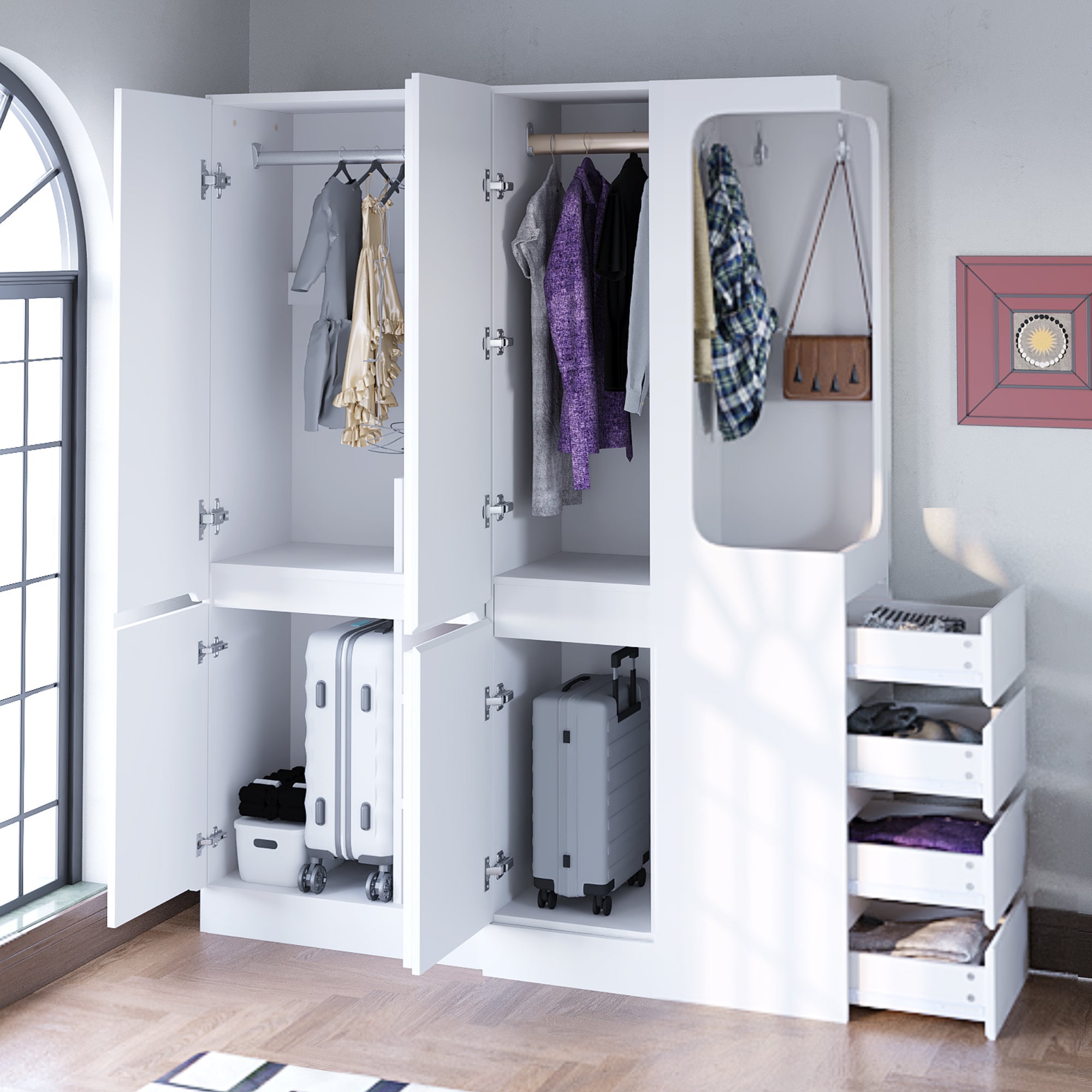 Extra-Large Wardrobe with Drawers and Storage Compartments, 140x40x170cm, White