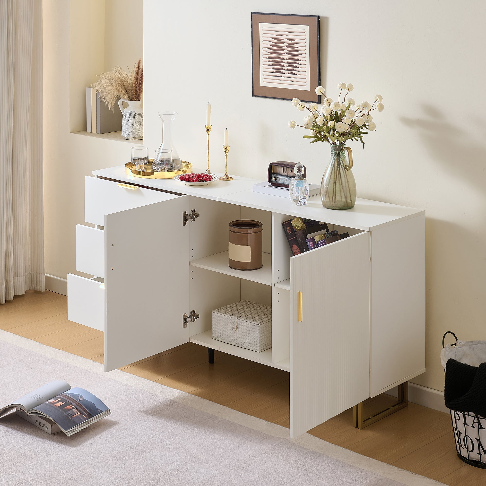 Modern Sideboard with 2 Doors and 3 Drawers, 160cm Storage Cabinet with Gold Steel Legs, White MDF