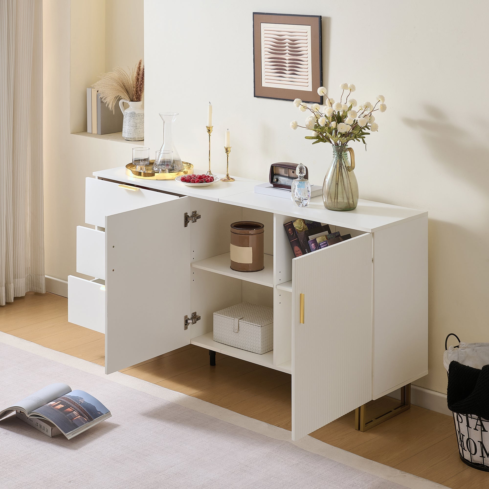 Modern Sideboard with 2 Doors and 3 Drawers, 160cm Storage Cabinet with Gold Steel Legs, White MDF