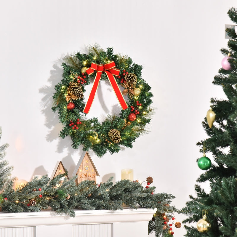 Christmas Door Wreath 60cm Pre-Lit LED Artificial Holly Decor