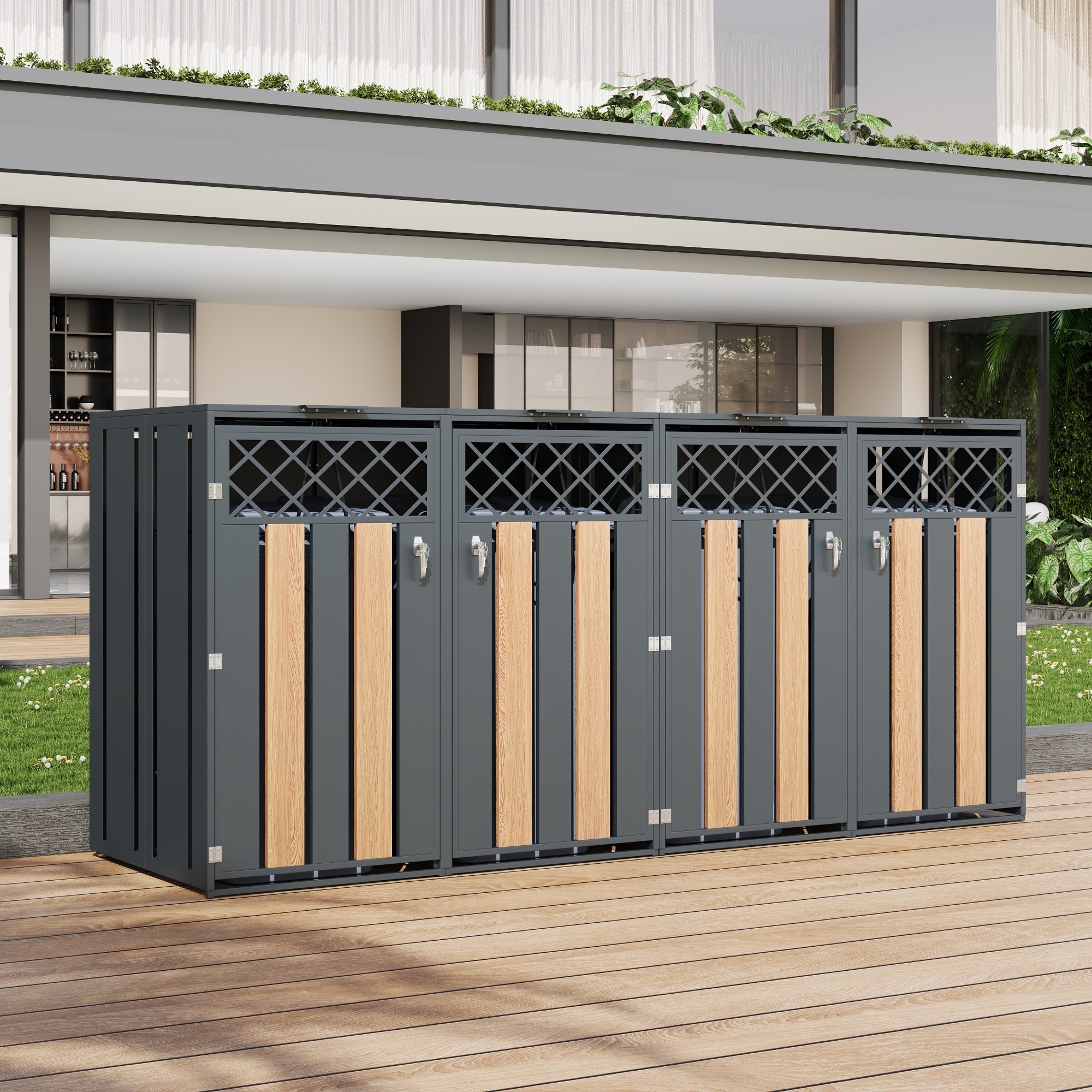 Garbage Can Storage Box with Hinged Lid and Lockable Double Doors, Metal