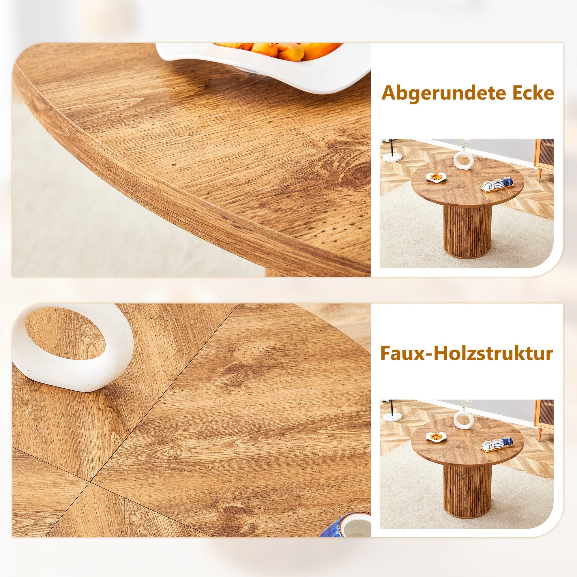Minimalist Round Dining Set 100cm Table 4 Chairs MDF Wood Look/Brown Fabric