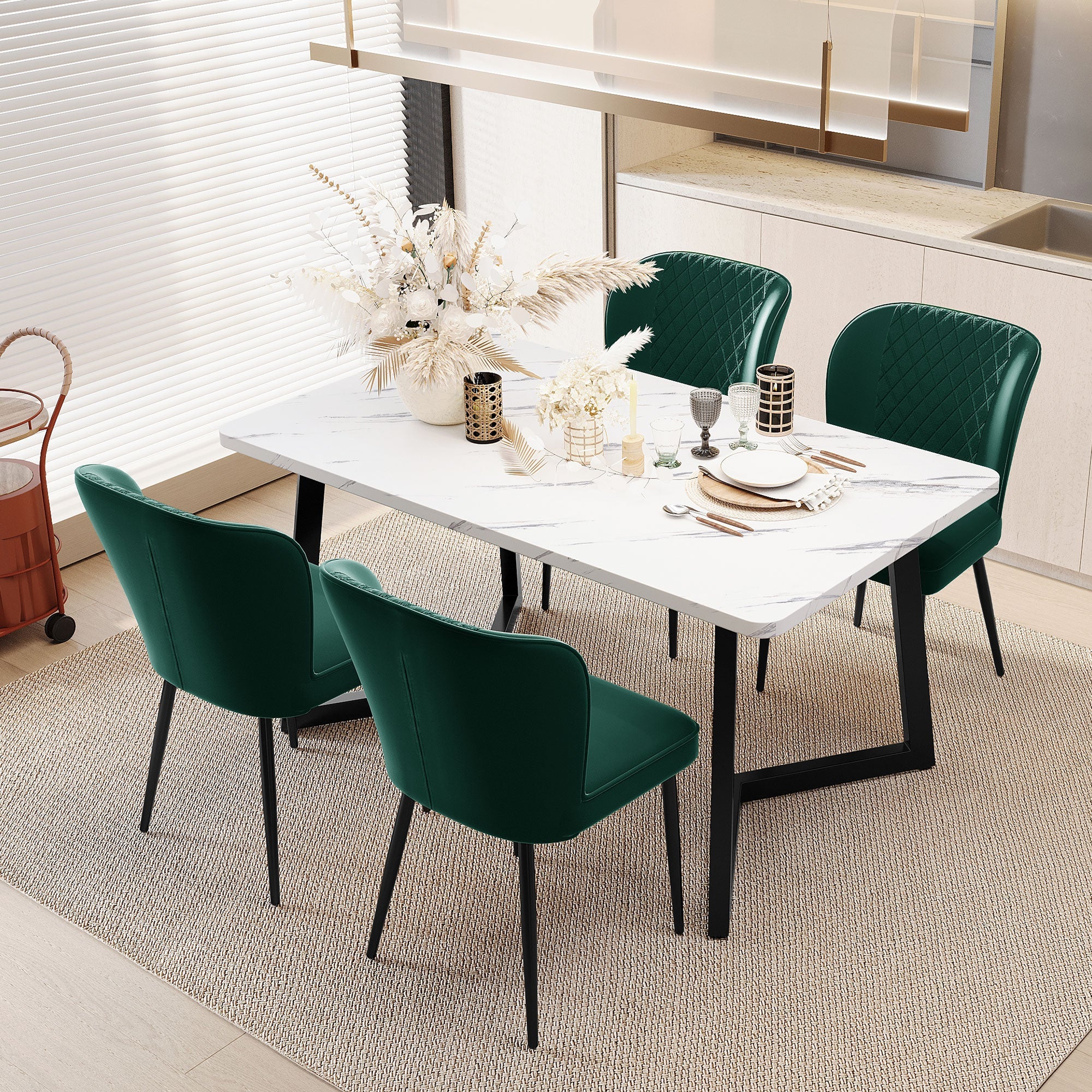 Dining Chair, Upholstered Velvet with Metal Frame, Dark Green (Set of 4)