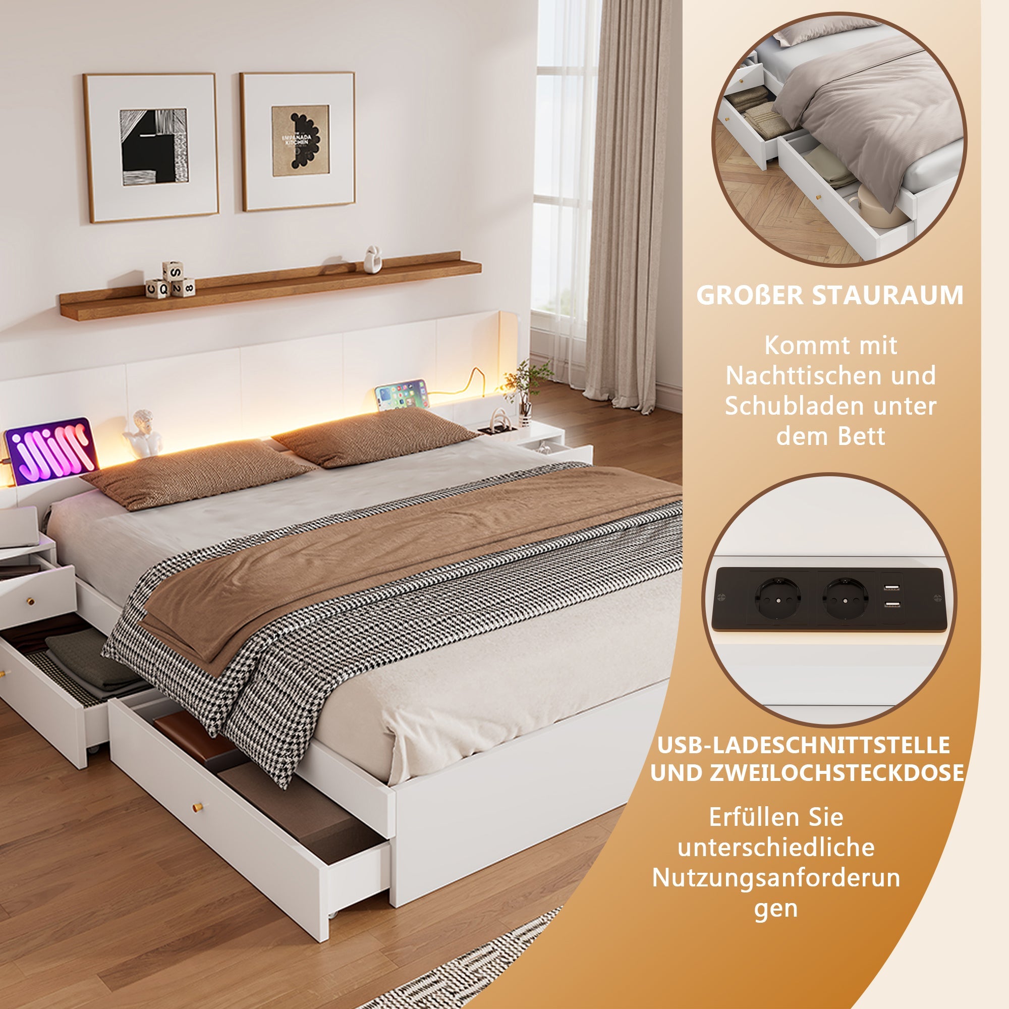 Double Bed 180x200cm LED USB App Control 2 Nightstands Storage - White Wood