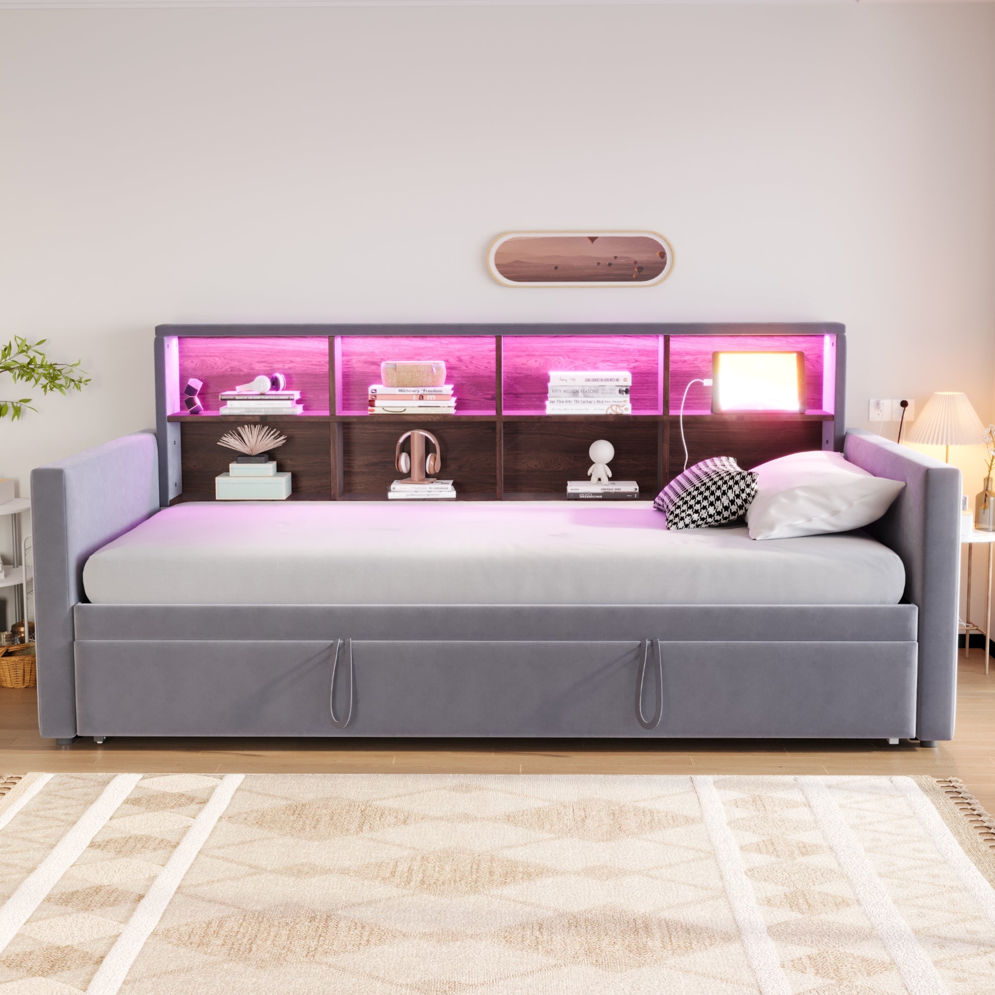 Upholstered Sofa Bed 90x190cm with Storage Headboard, LED Lights and Charging Ports, Dark Grey Velvet