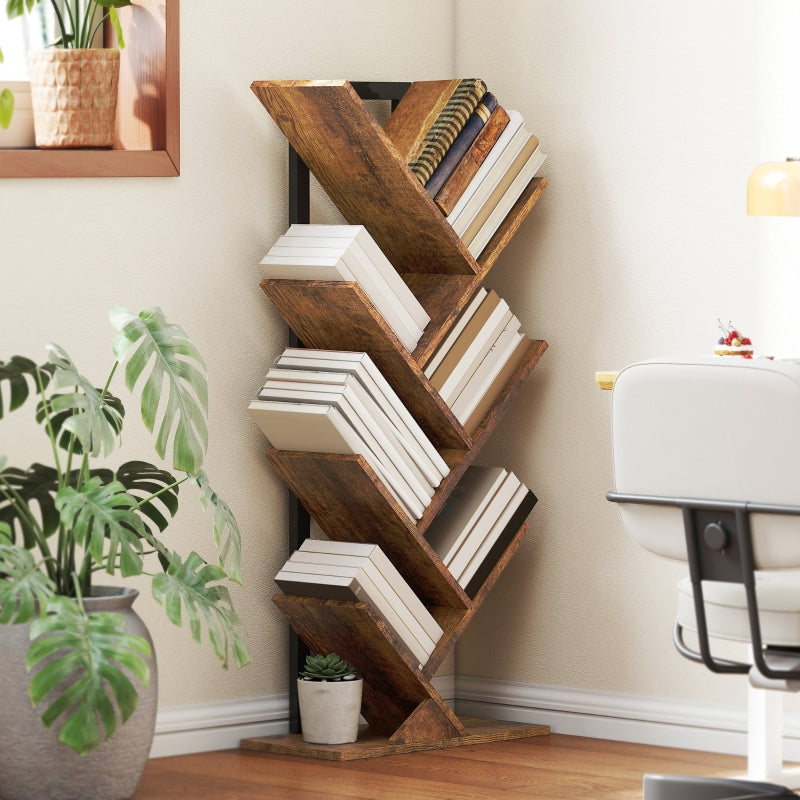 Bookshelf Standing Shelf 7 Levels Narrow Tree Shape Office Rustic Brown