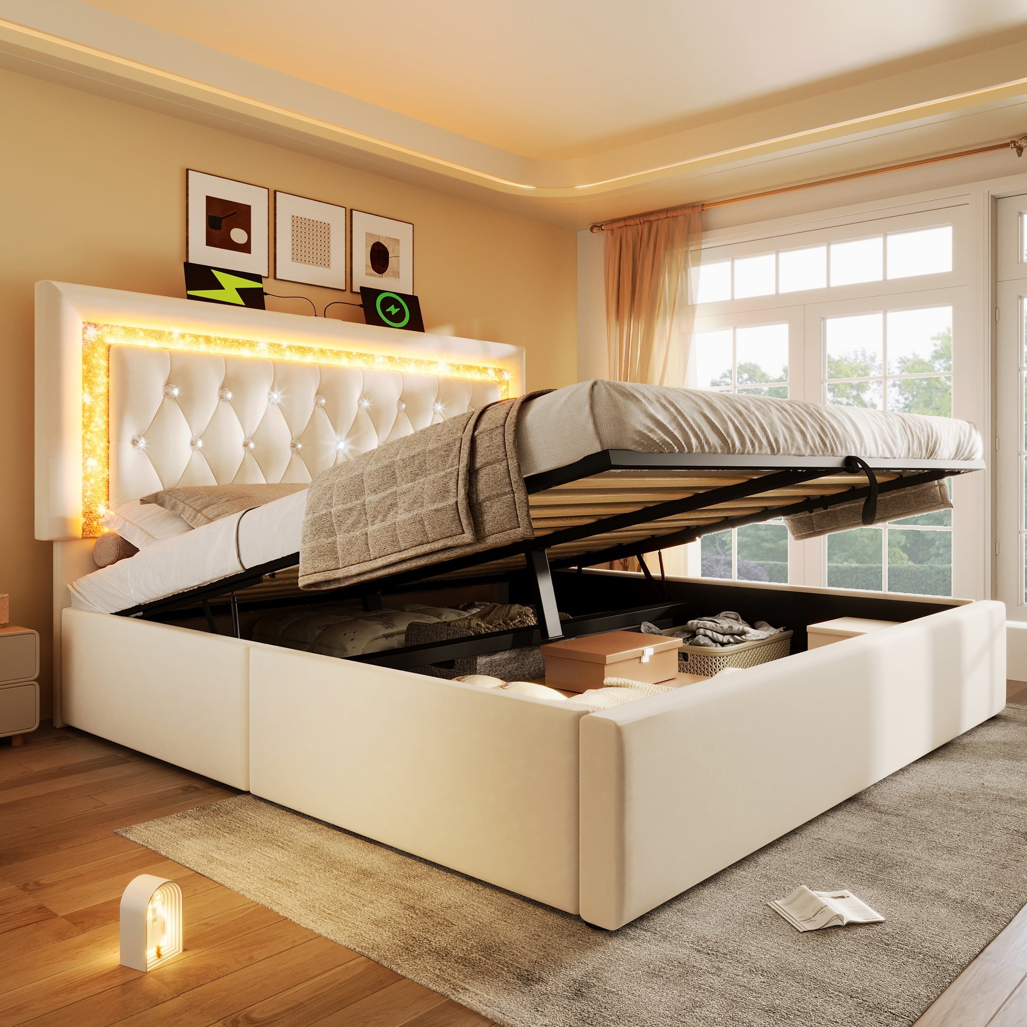 Upholstered Double Bed 160x200cm LED USB/Type-C Hydraulic Storage - Beige Velvet