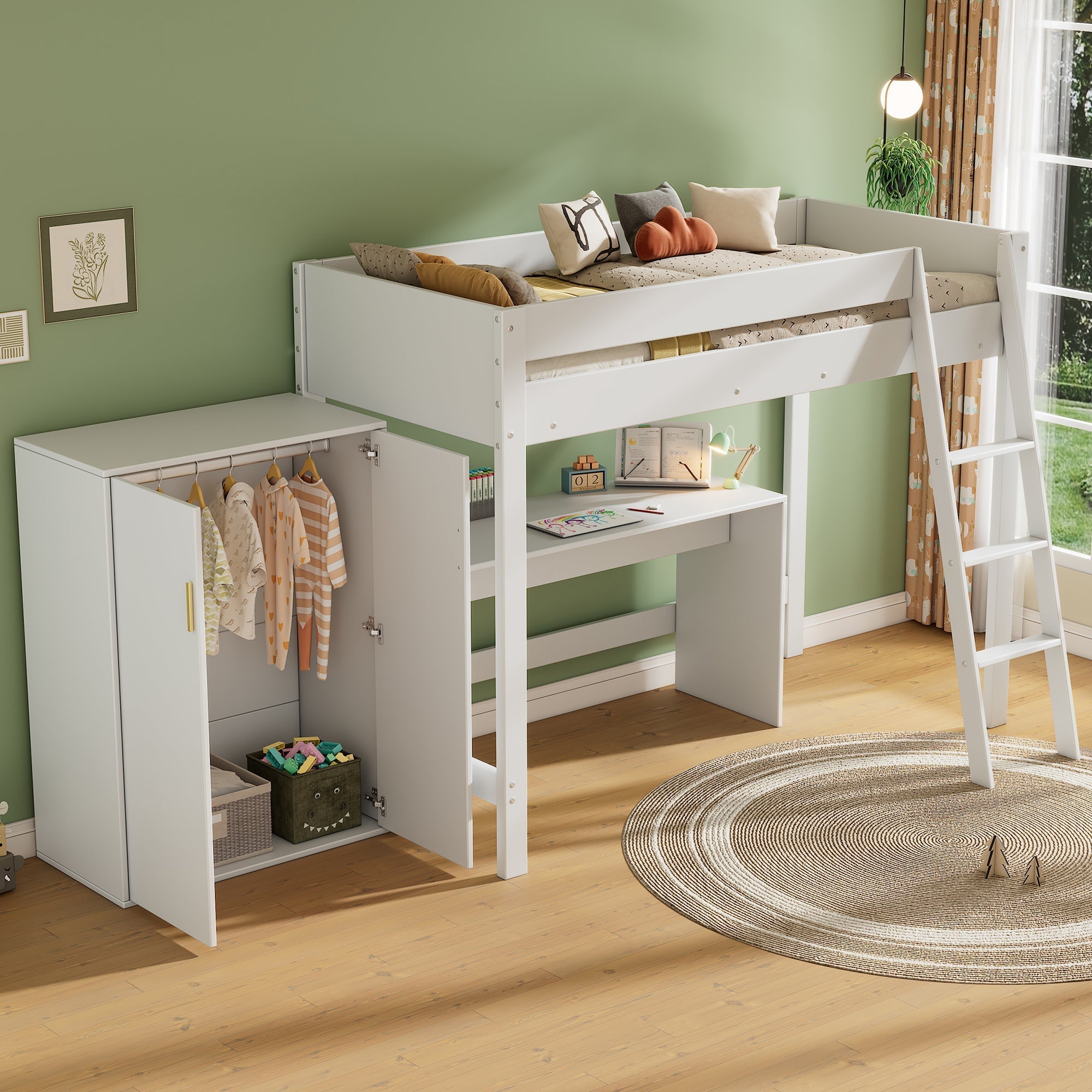 Children's Loft Bed 90x200cm Multifunctional Desk Wardrobe Solid Wood - White