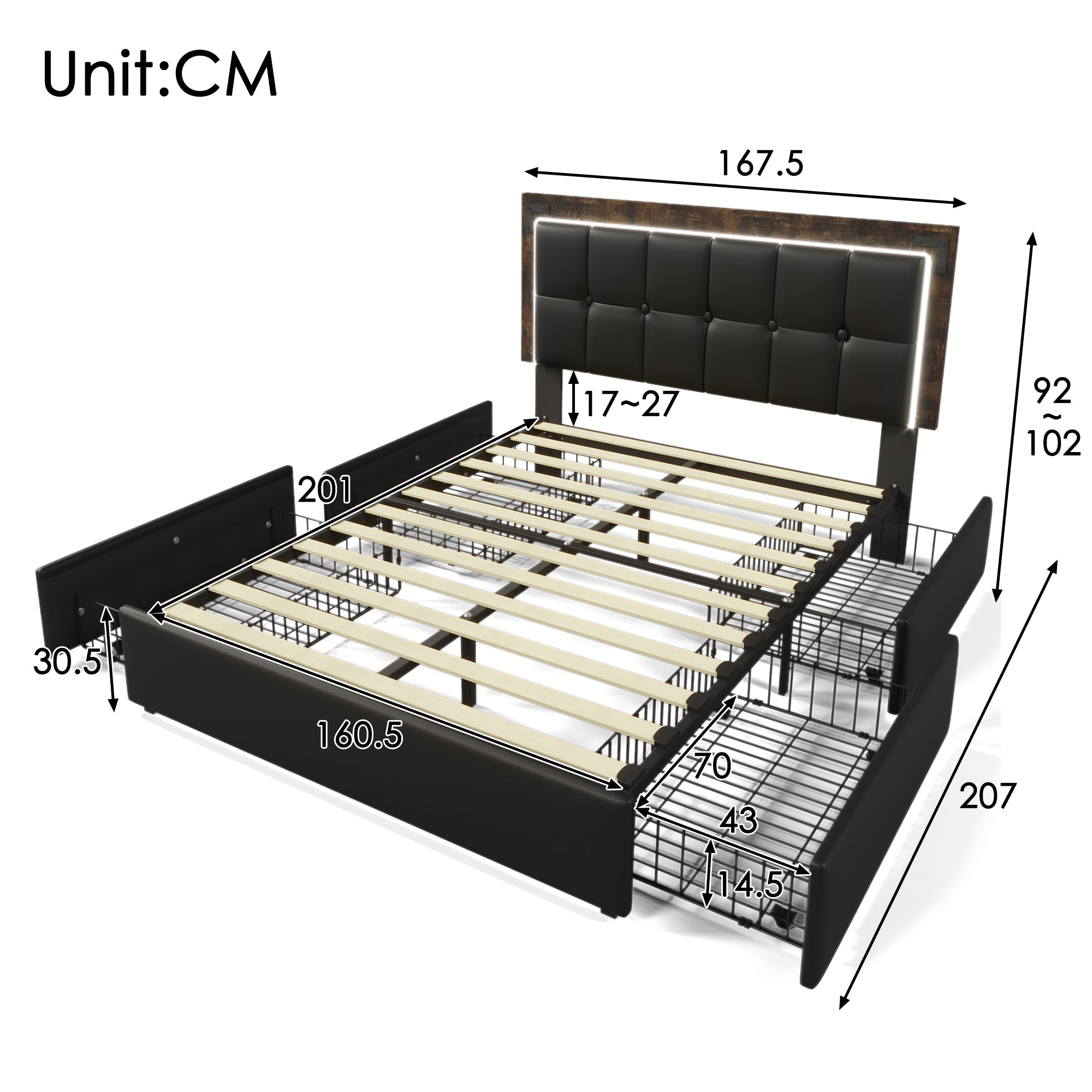 Bed Frame, LED, 4-Drawer, Adjustable Headboard, 160x200cm PU Black