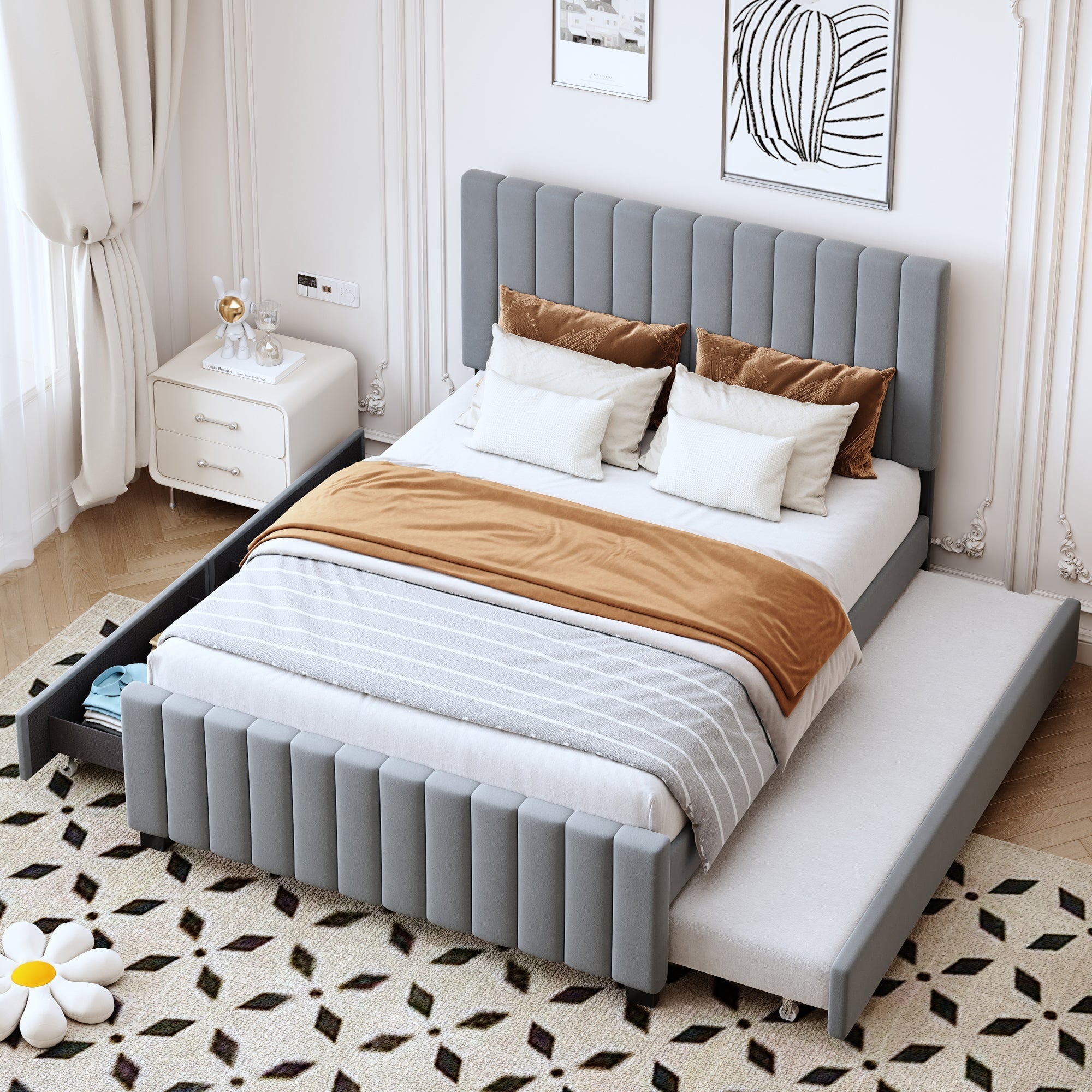 Upholstered Bed 140x190cm, Pull-Out & 2 Drawers, Velvet, Grey