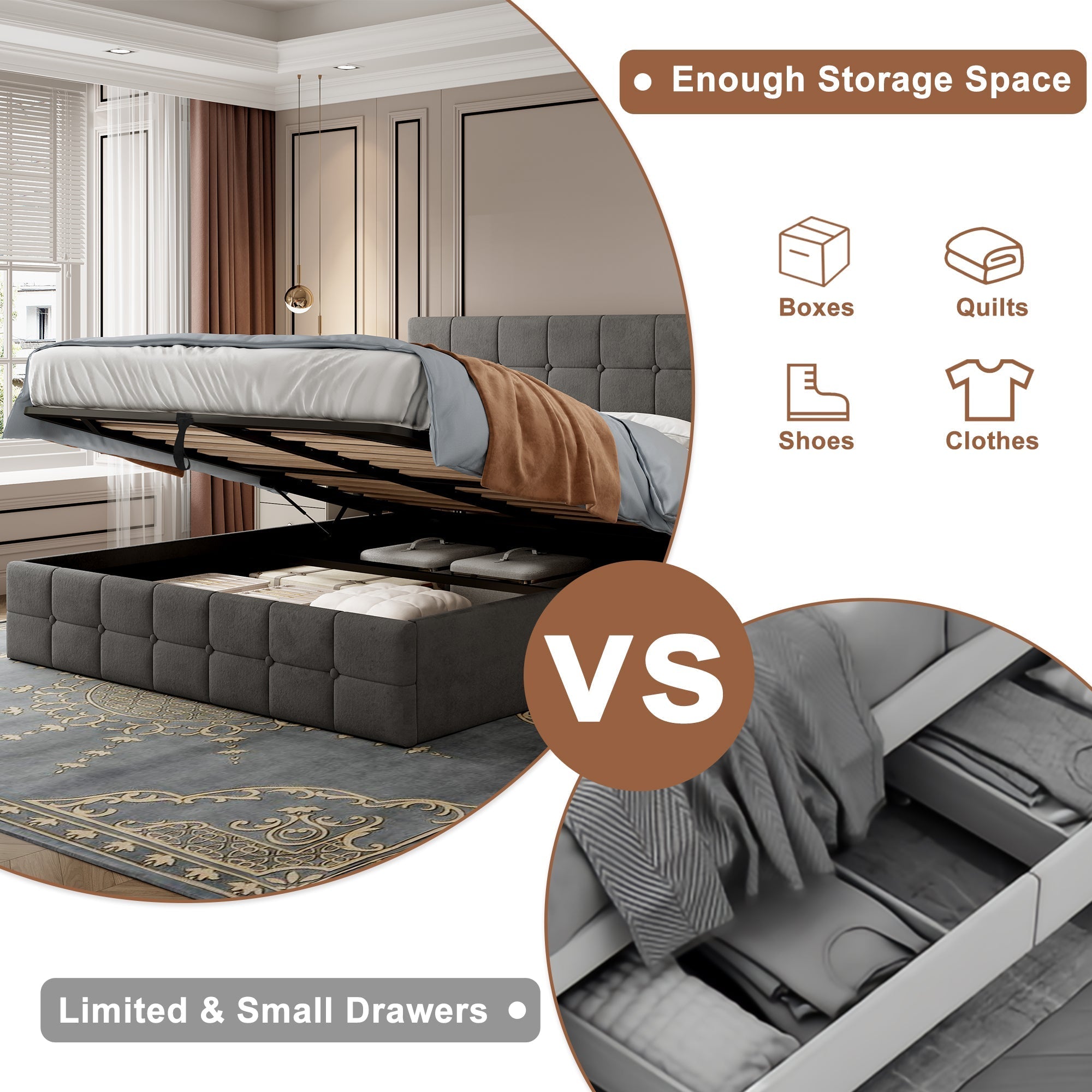 4ft6 Double Upholstered Storage Bed Frame, Velvet Ottoman Bed with Hydraulic Storage, Adjustable Button Tufted Headboard, Grey