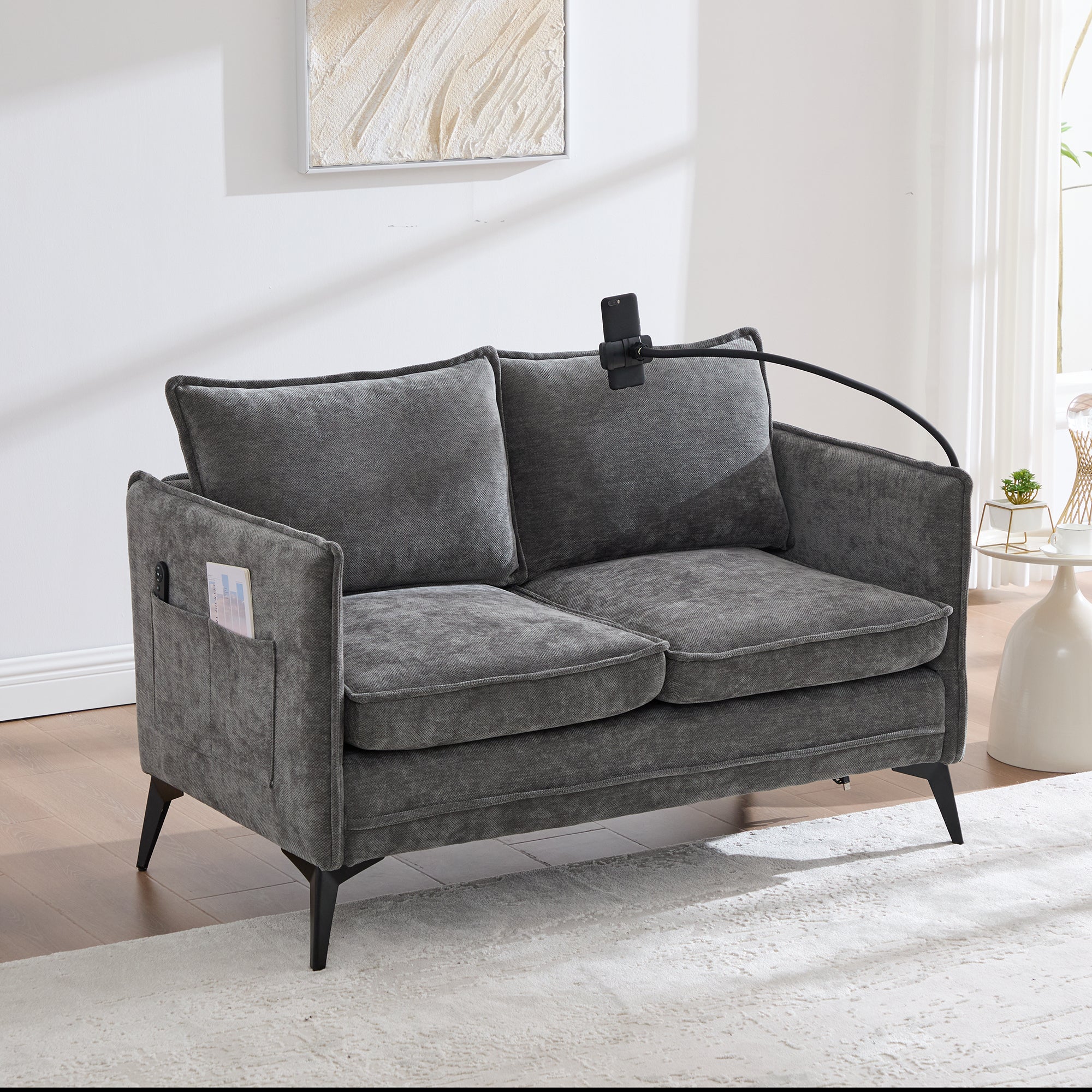 Modern Double Sofa, Small Fabric Armchair with Storage Side Pocket & Adjustable Phone Holder, Fabric