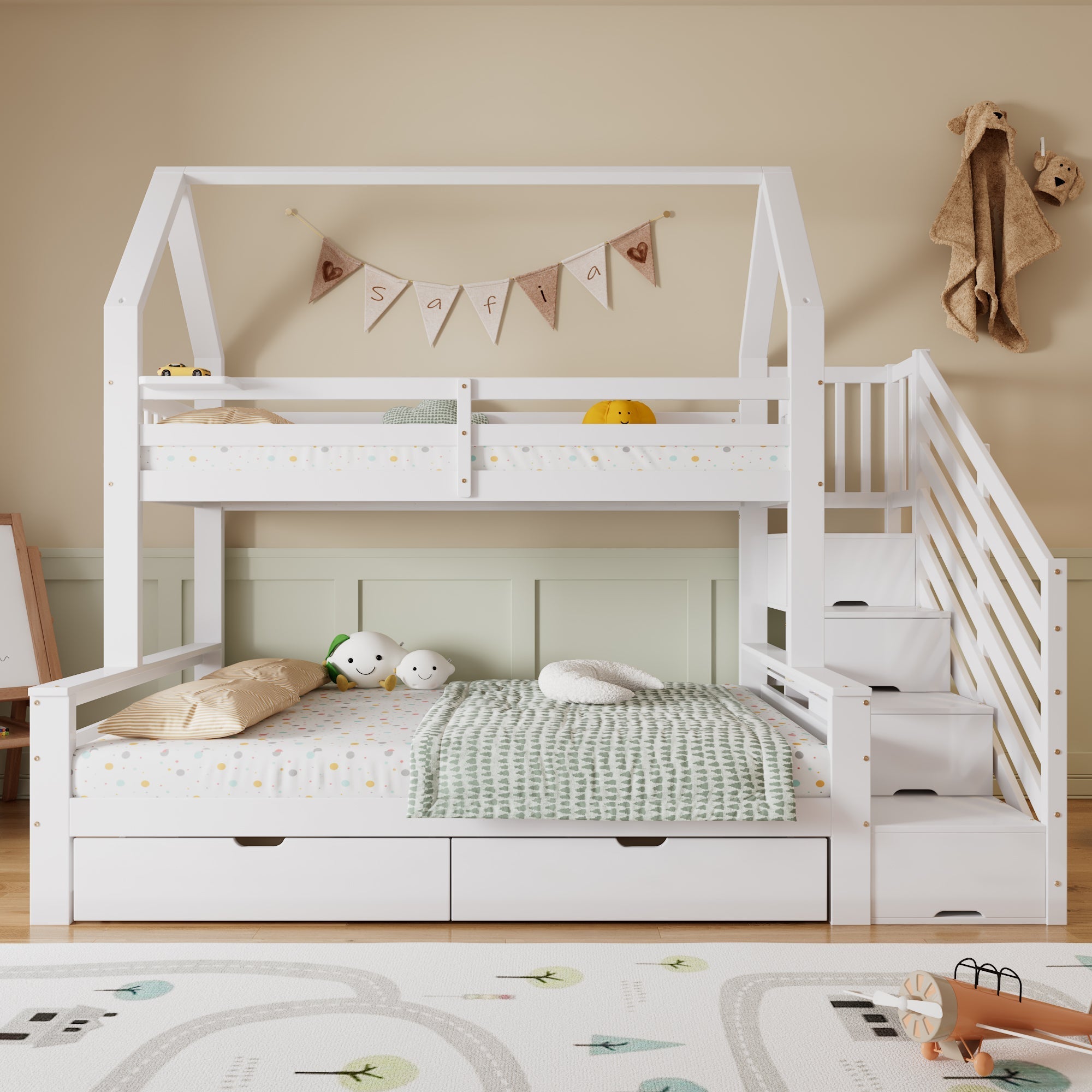 Bunk Bed Children's, Two Drawers Roof Design Safety Railing Stair Cupboard, 90x200cm & 140x200cm, Pine + MDF + Plywood White