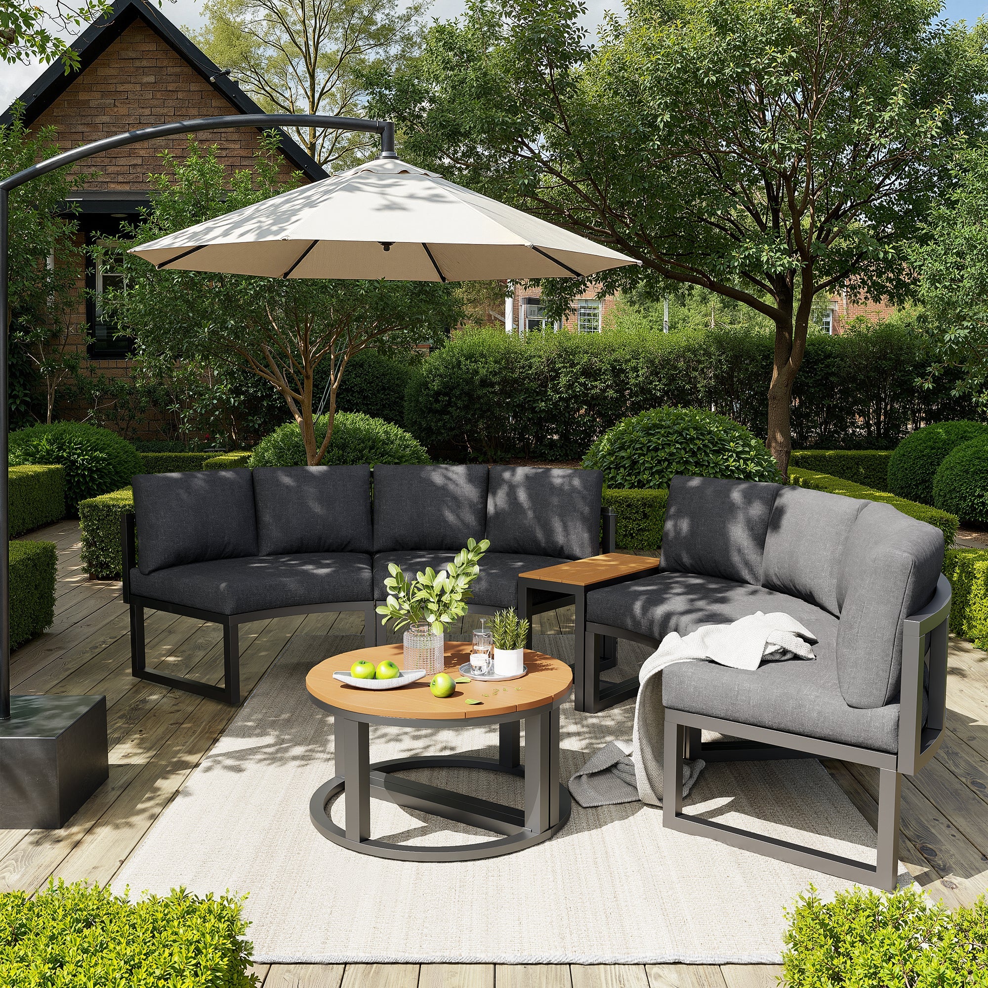 Garden Lounge Set 4-6 Seater Adjustable Legs Round Sofa - Grey