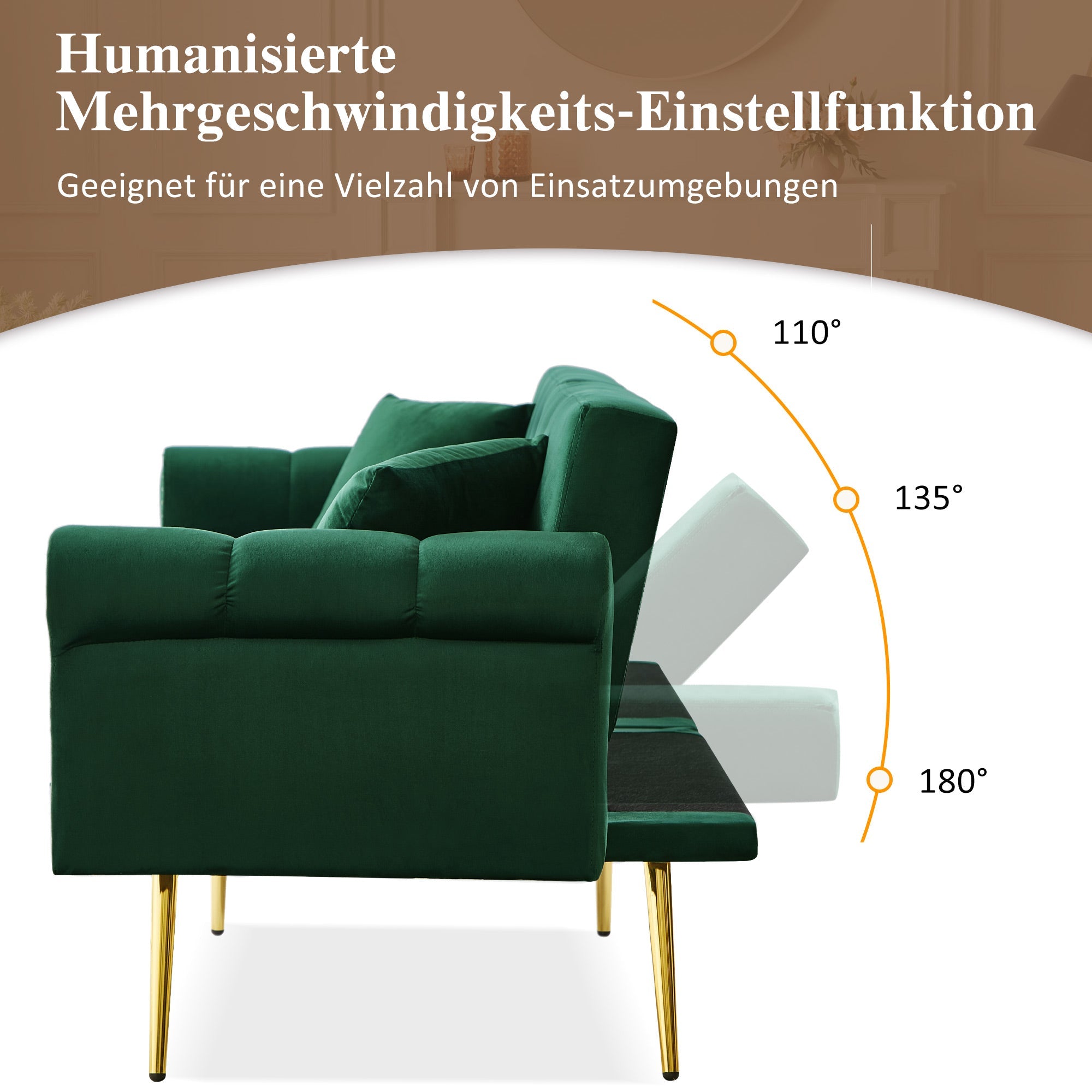 Sofa Bed, 2-Seater Adjustable Backrest Space-Saving, Velvet