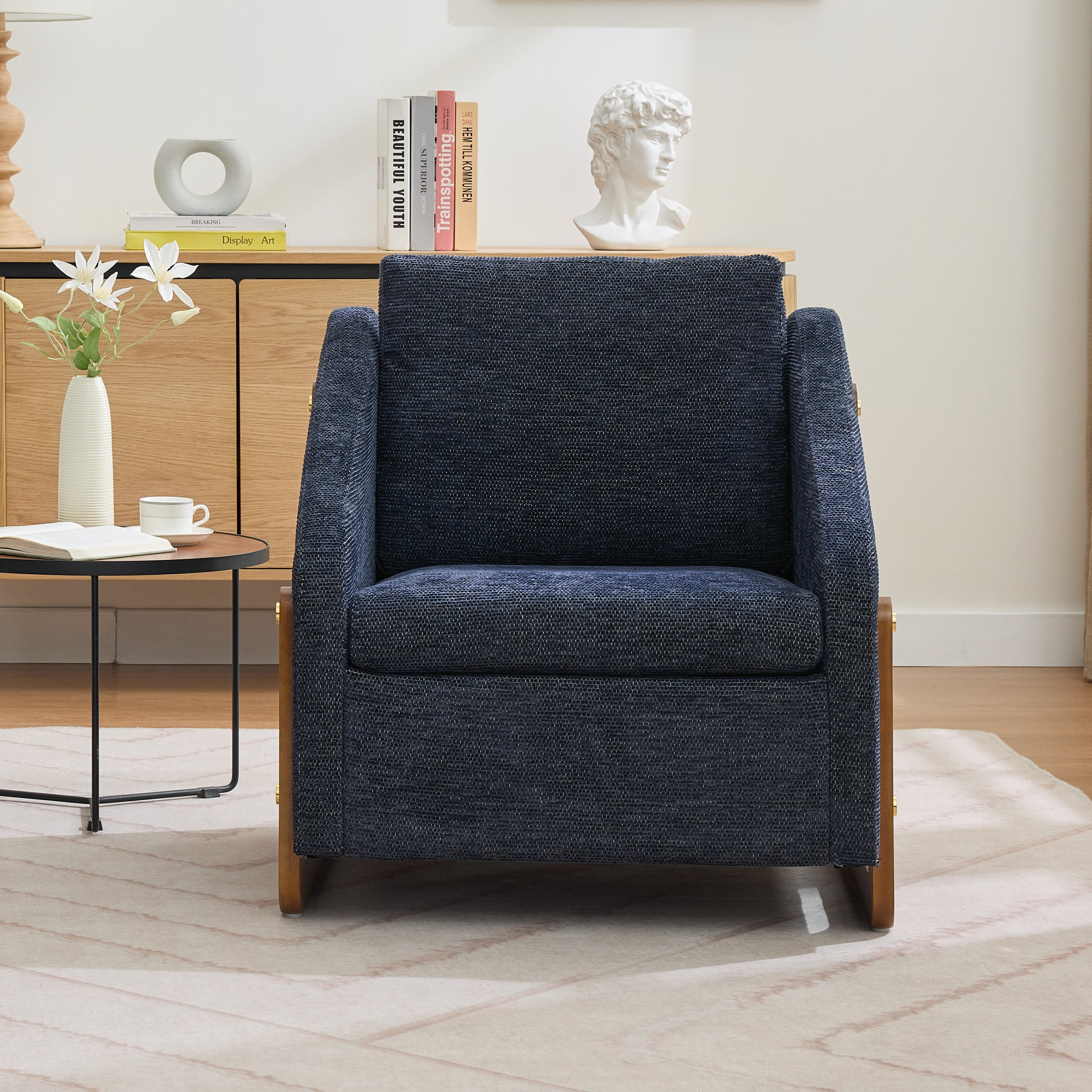 057 Armchair, Modern Lounge Chair with Wooden Armrests, Blue Chenille Fabric