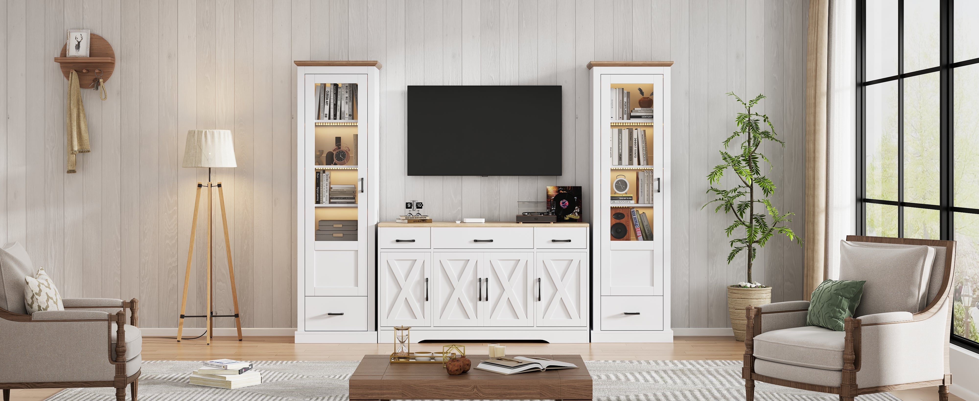 Living Room Set Combo, LED Display Cabinets and Multifunctional Sideboard, Matte White