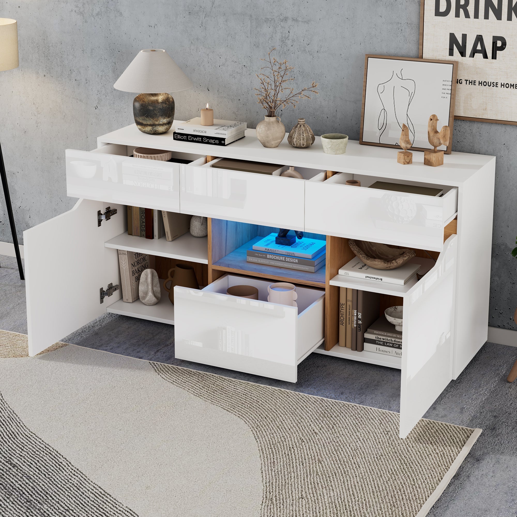 Living Room Sideboard, 4-Drawer Cabinet with LED Lighting, White & Wood