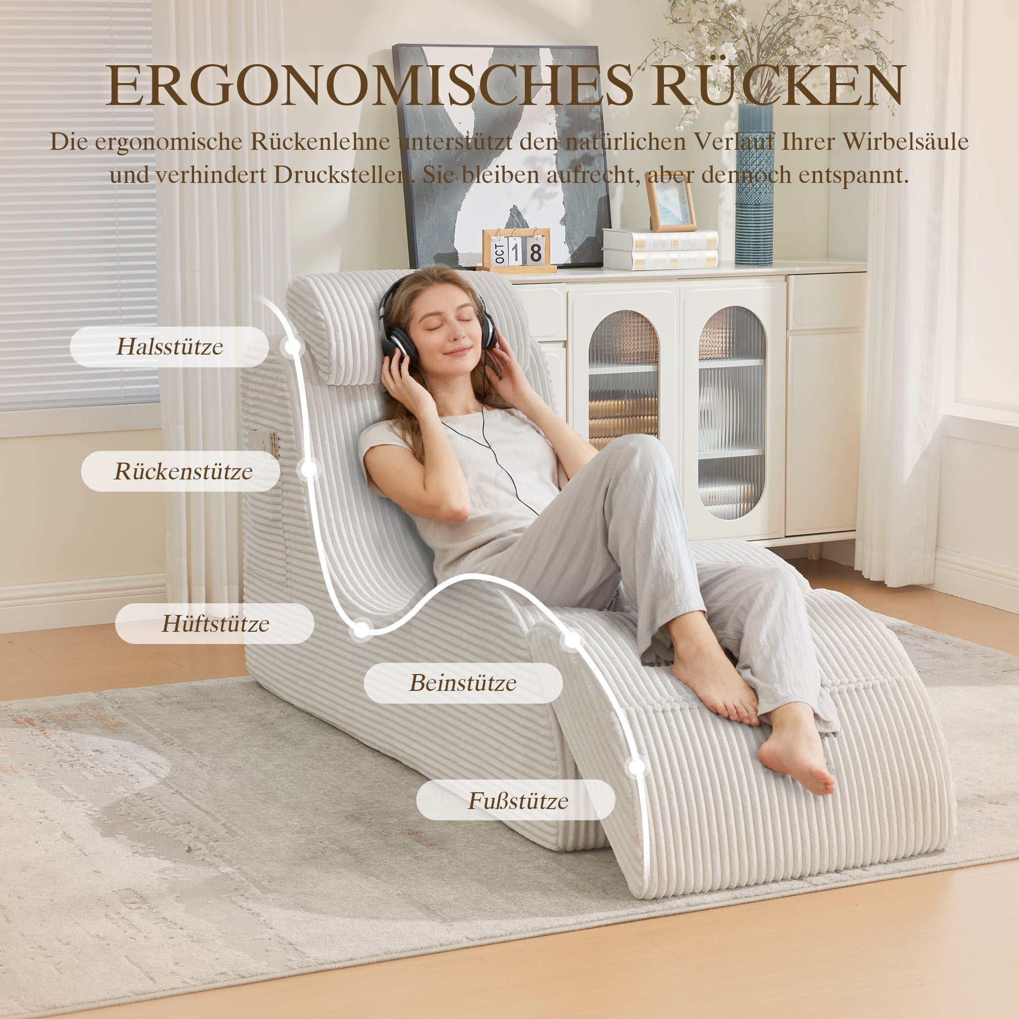 Modern Leisure Chair with Ergonomic Compression Foam and Side Pocket, Beige