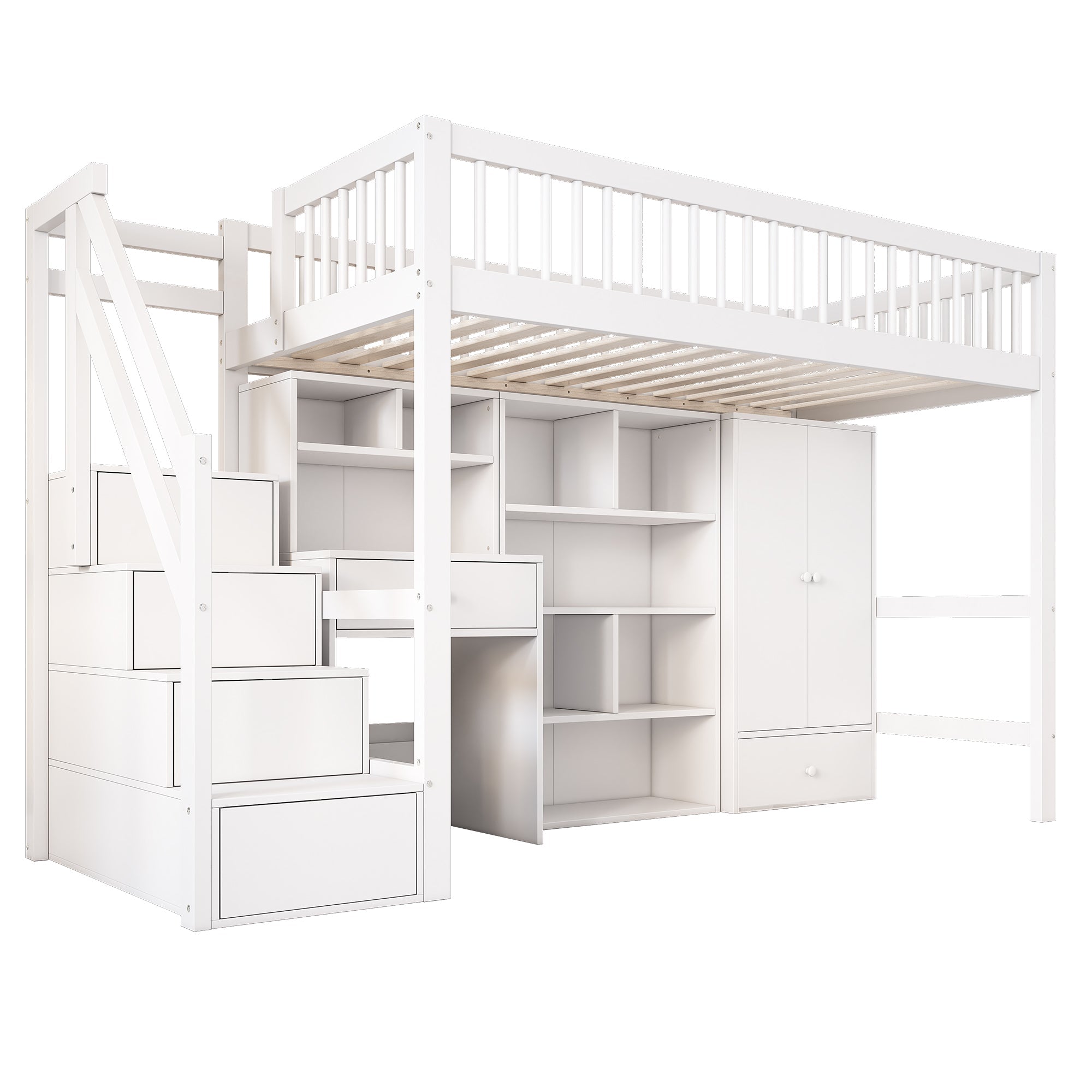 N634P201175W Multifunctional Loft Bed with Reversible Storage Stairs, Desk, and Wardrobe