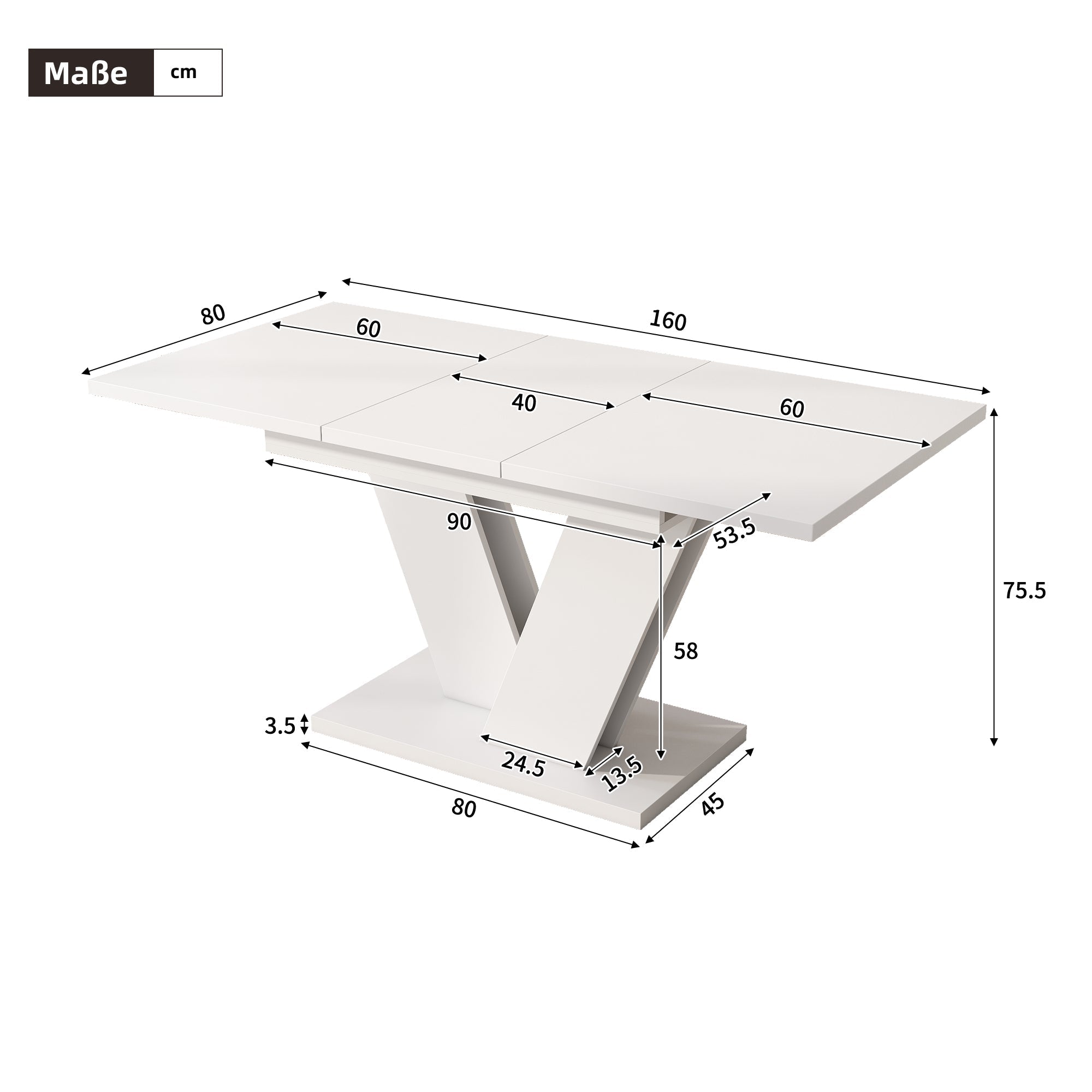 Extendable Dining Table Set with 6 Velvet Chairs and V-Shaped Legs, White and Beige