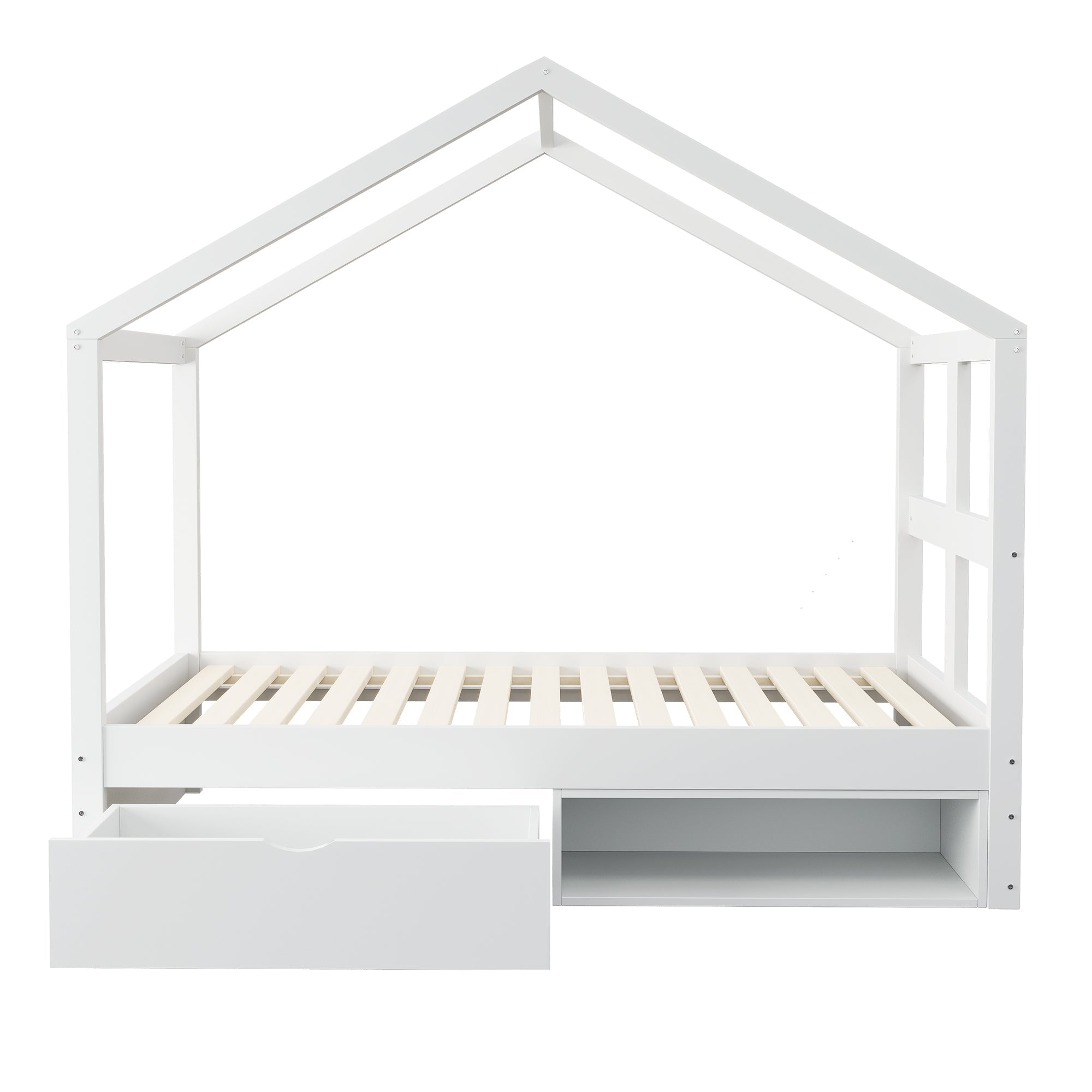 Wooden Bed with Drawers, Shoe Cabinet and LED Lighting, 90x190cm, White Wood