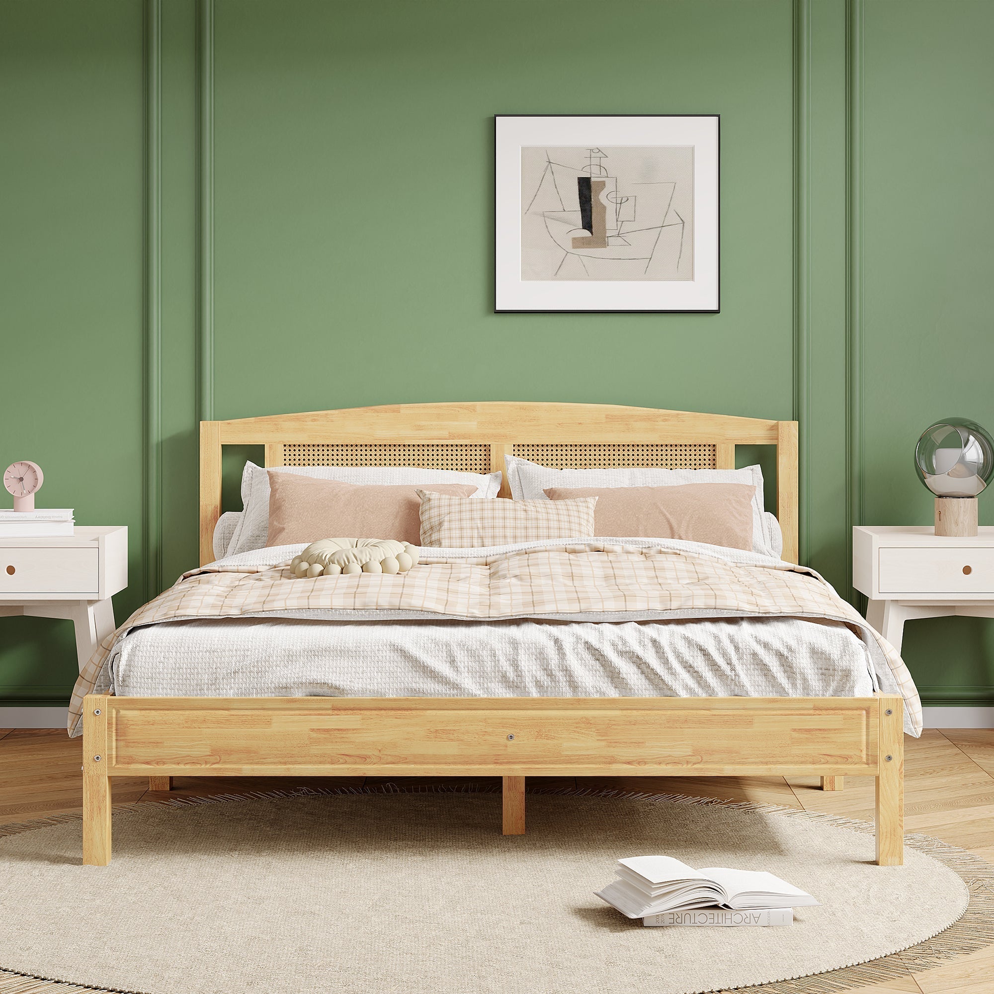 Double Rattan Bed 160x200cm, 15 Slats Pine + PE Rattan, Natural