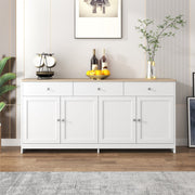 Sideboard Buffet Cabinet with 4 Doors and 3 Drawers, White Wood Grain and Natural Wood Color