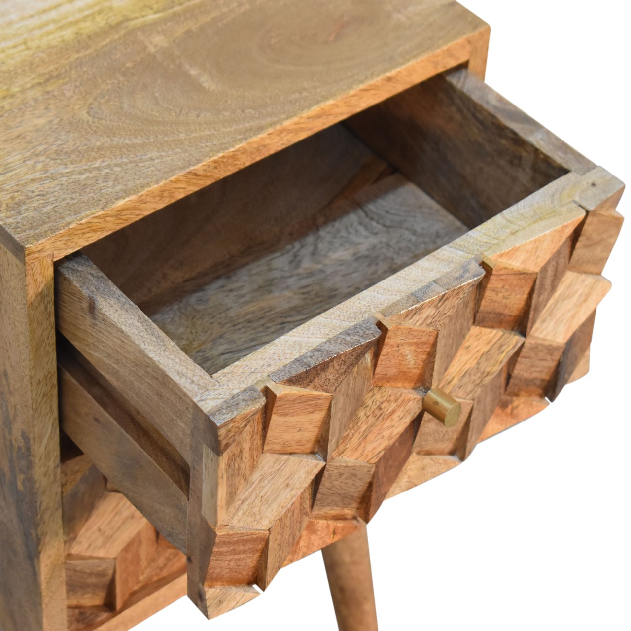 Solid Wood Mini Cube Carved 2 Drawer Bedside, Brown