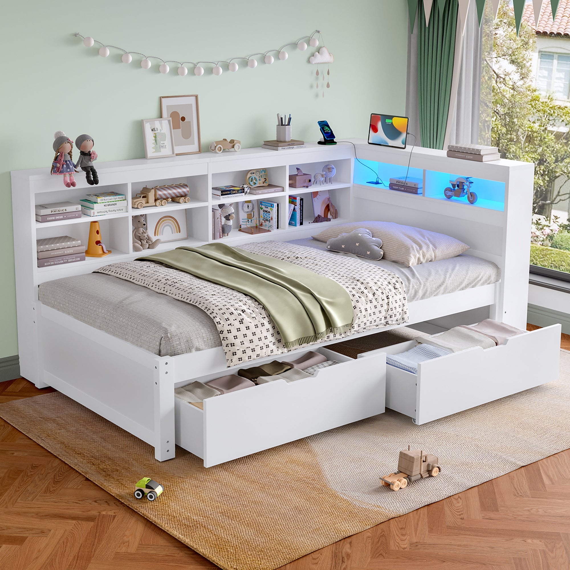 3ft Single Daybed, LED Bed Frame w/ Storage Drawers & Charging Station, Wood, White