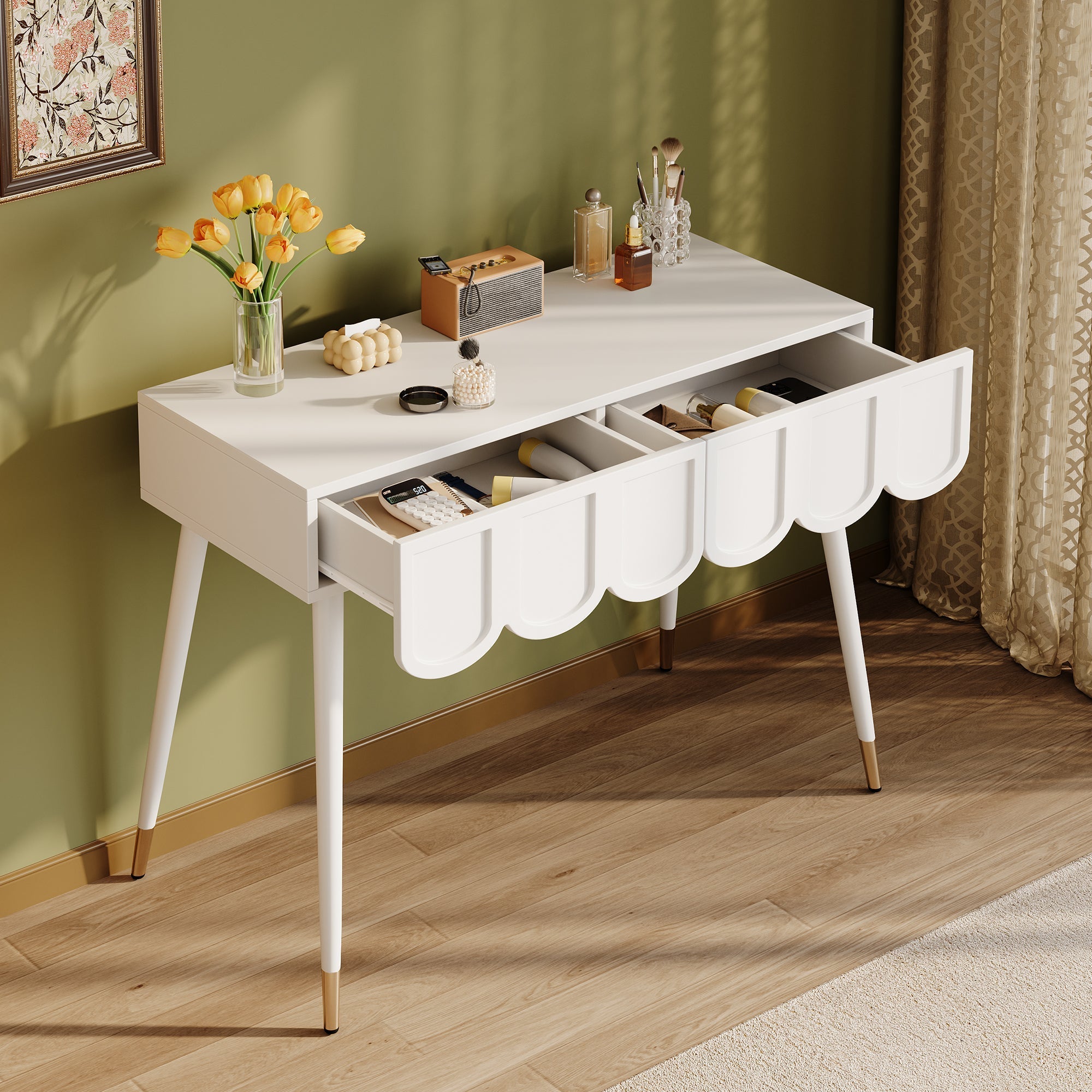 Dressing Table with 2 Drawers and Metal Legs, White