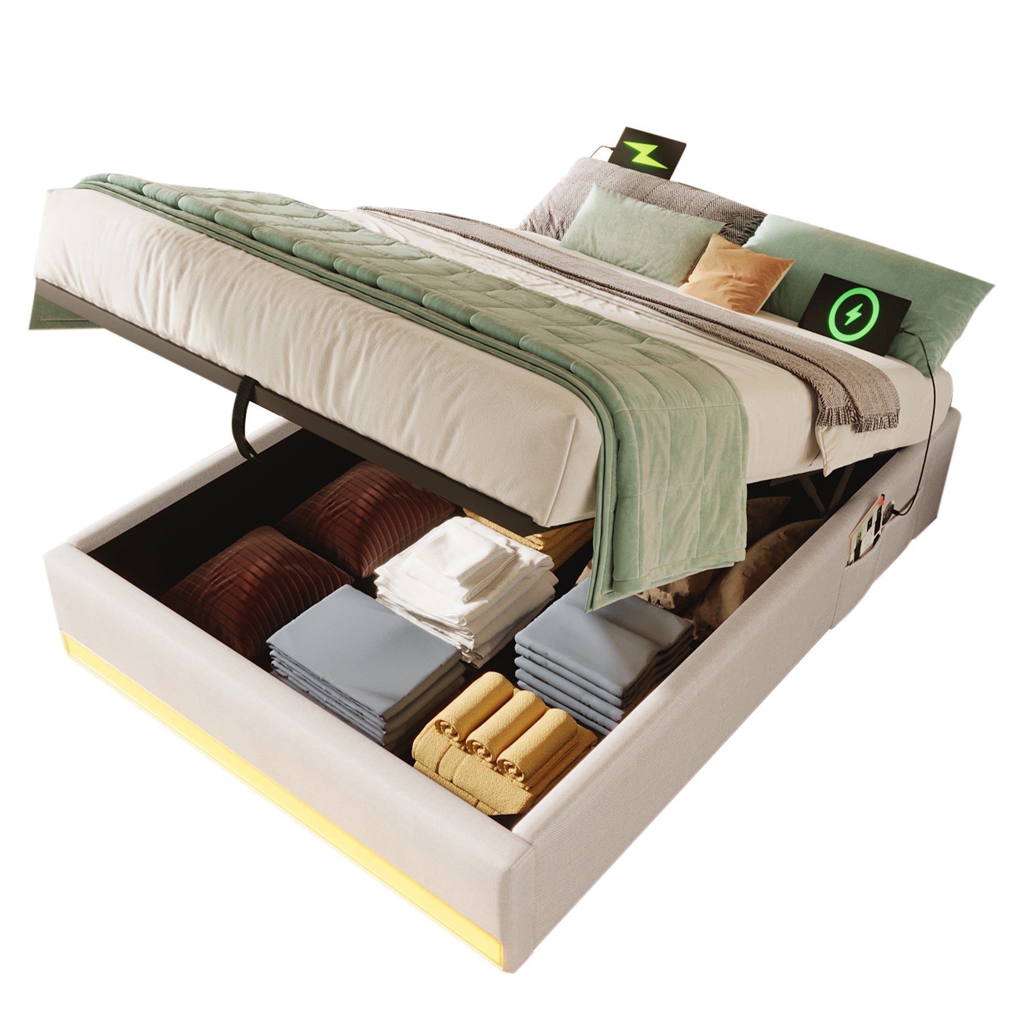 Upholstered Bed 90x200cm Hydraulic Storage LED USB/Type-C Pockets - Beige