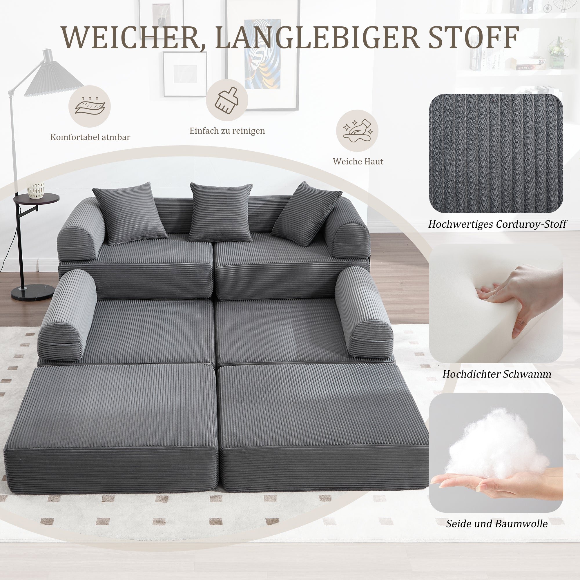 Modular Family Sofa with Storage & Pet-Friendly Fabric - Dark Gray