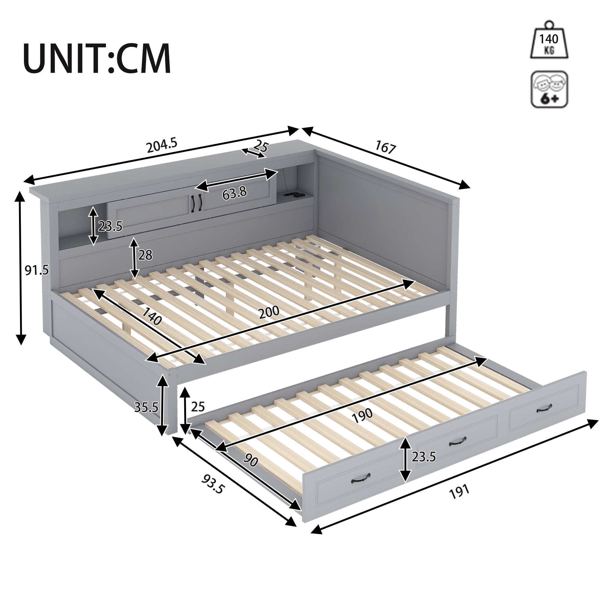 Sofa Bed Daybed 140x200cm Pull-out Bed LED Storage USB/Power Outlet - Grey