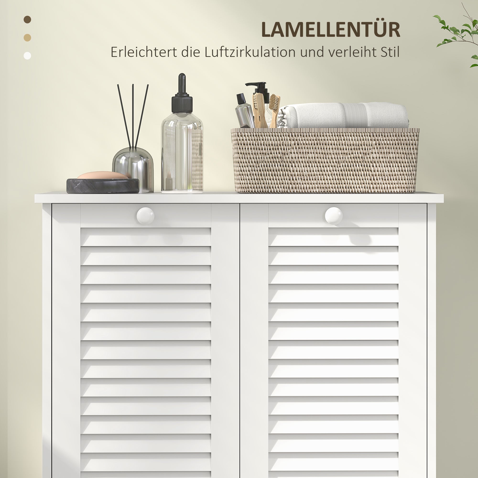Wäscheschrank, 2 Körbe, Lamellentüren, weiß