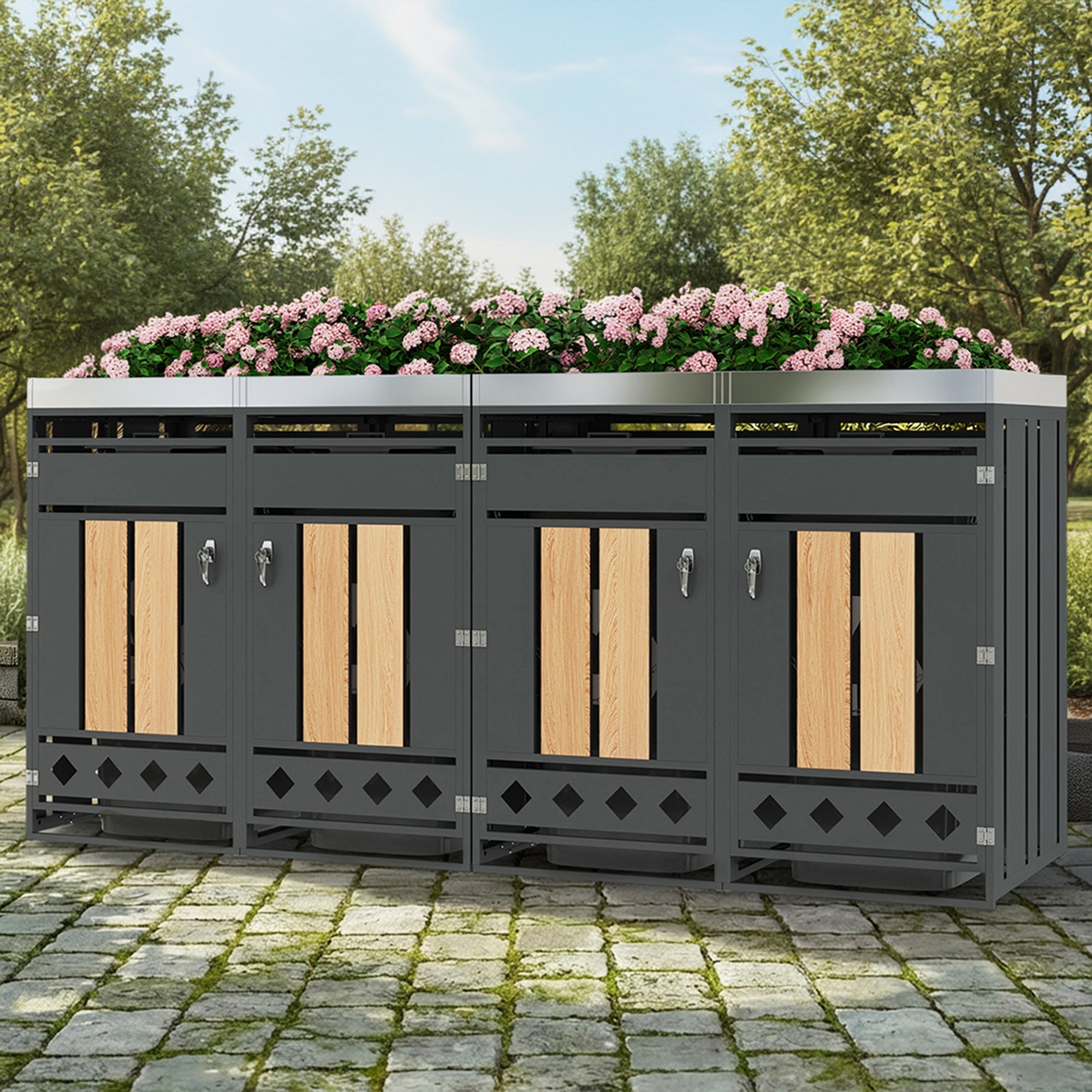 Garbage Can Enclosure with Four Doors, Diamond-Shaped Ventilation and Planting Area, Wood Grain Finish