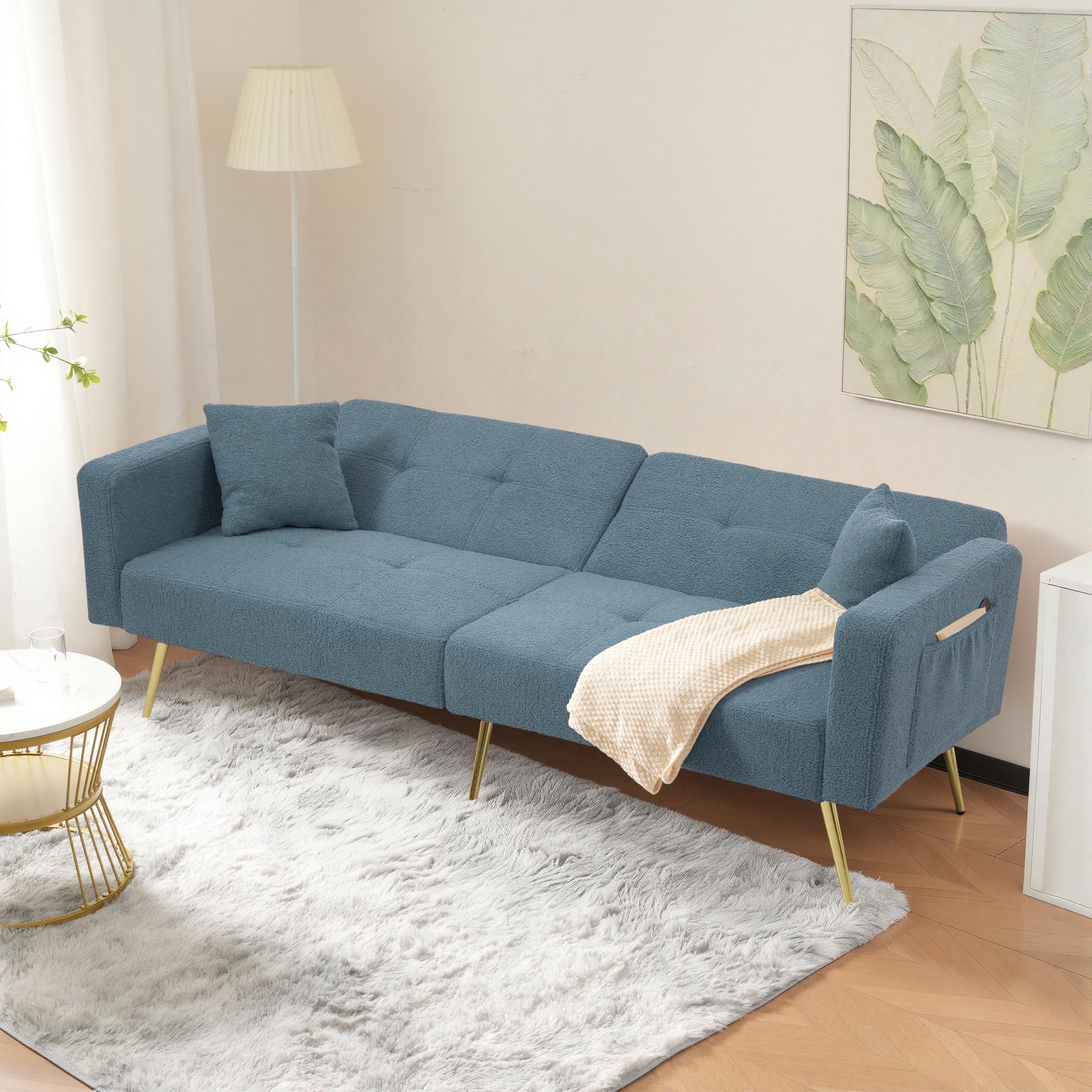 Sleeper Sofa with Adjustable Angle and Side Pockets, Smog Blue Sherpa