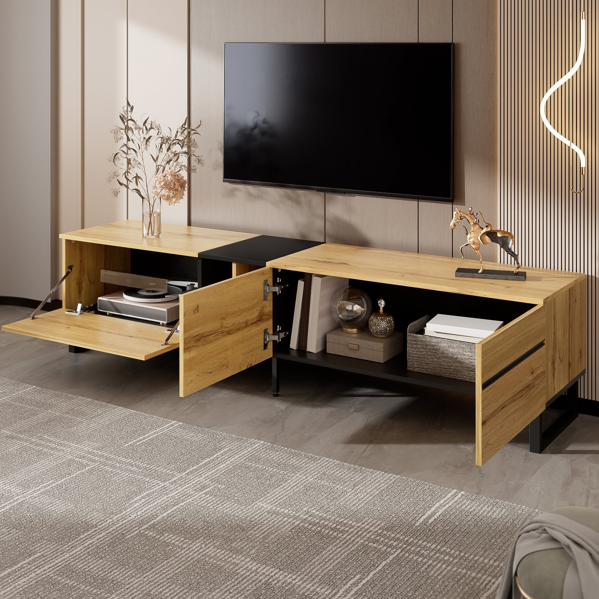 Modern TV Lowboard 180cm Drop-Down Open Shelves Double Doors