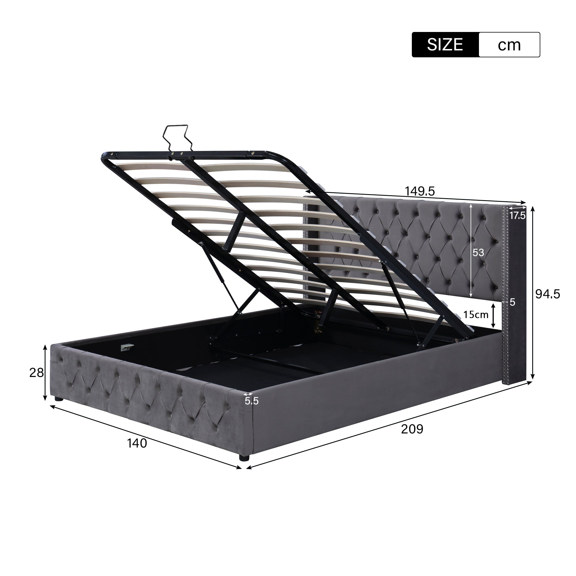 Upholstered Bed with Ear-Shaped Headboard and Hydraulic Storage, 140x200cm, Grey Flannel
