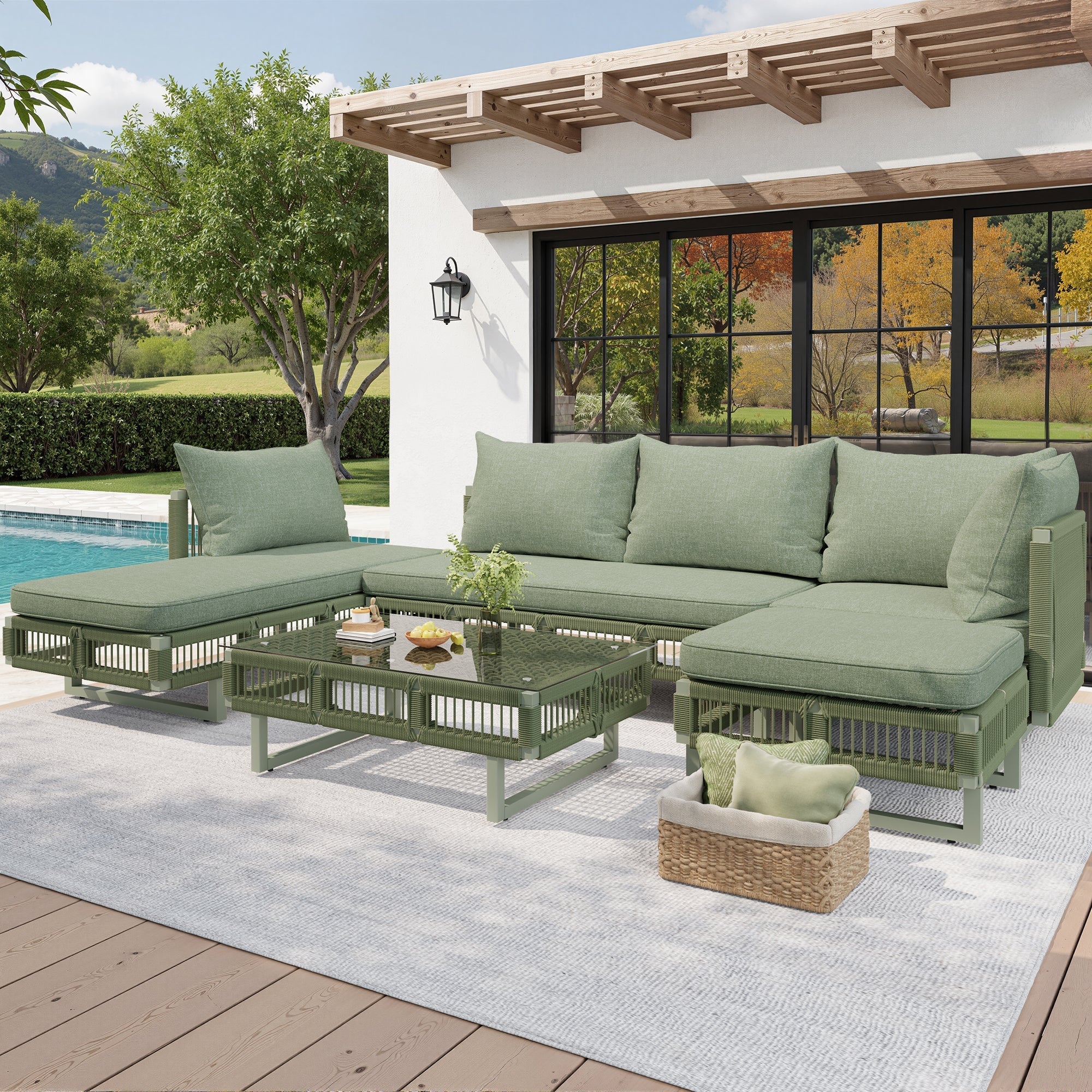 Outdoor Seating Group with Rope Weave, Adjustable Feet and Glass Coffee Table, Beige/Green